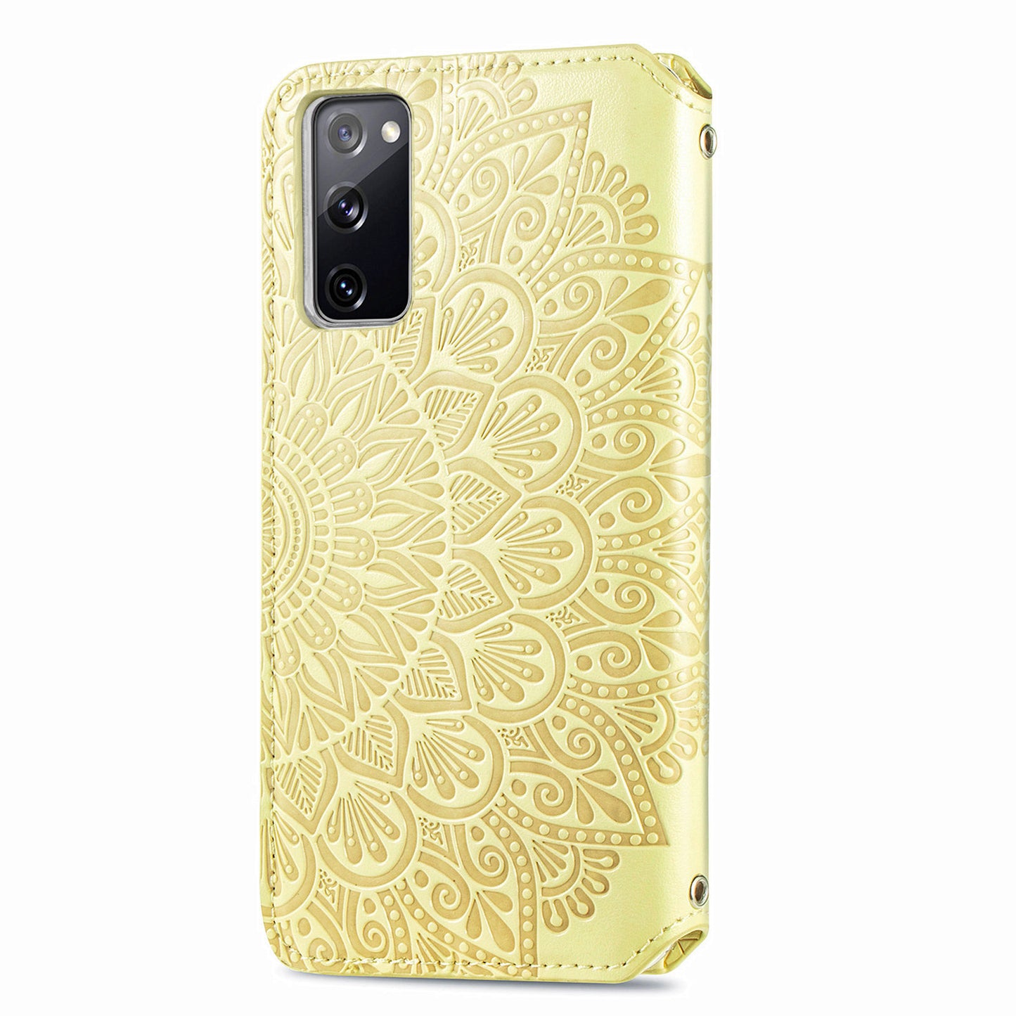 Stand Wallet Design Imprinted Mandala Flower Pattern Auto-absorbed PU Leather Case for Samsung Galaxy S20 FE 4G/FE 5G/S20 Lite/S20 FE 2022 - Yellow