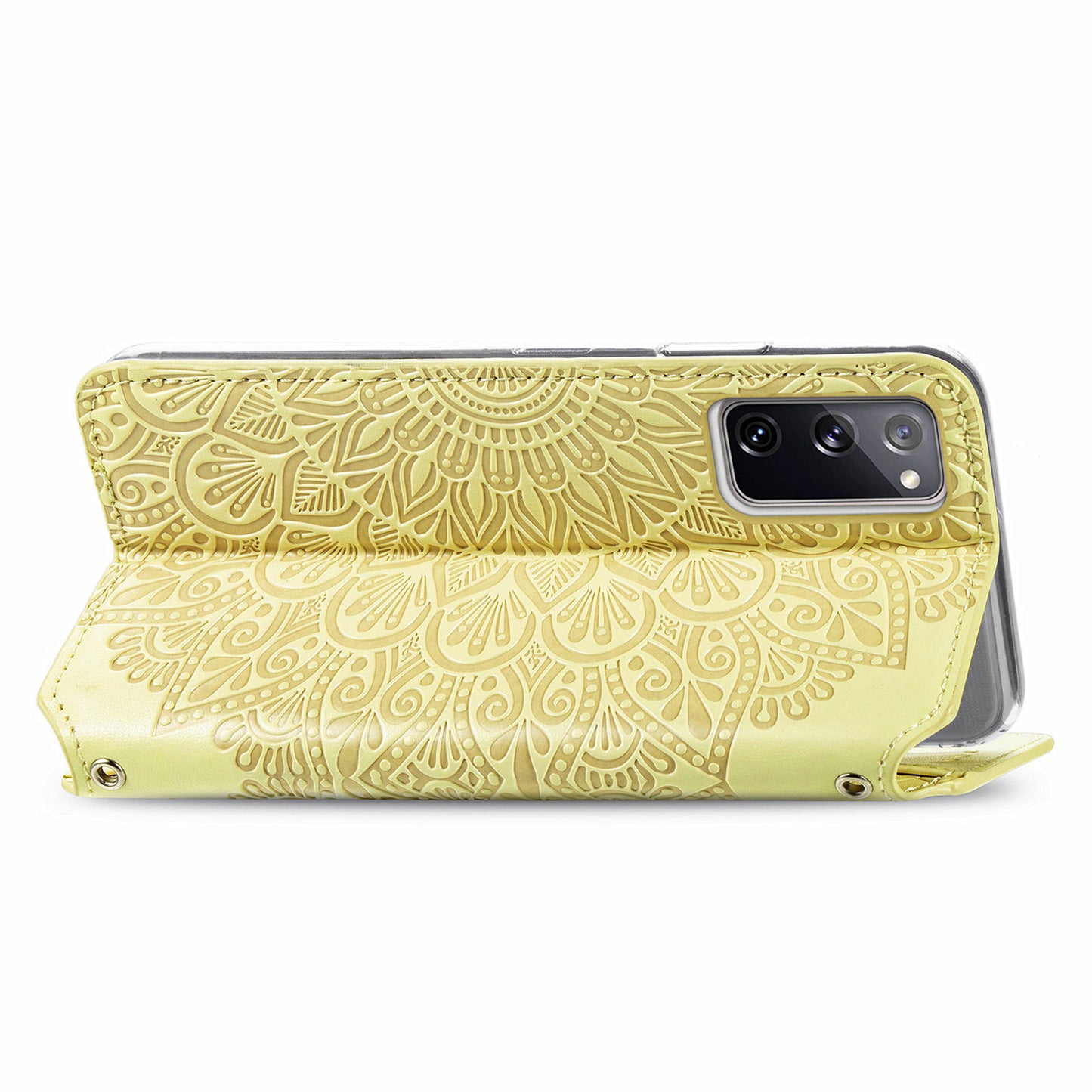 Stand Wallet Design Imprinted Mandala Flower Pattern Auto-absorbed PU Leather Case for Samsung Galaxy S20 FE 4G/FE 5G/S20 Lite/S20 FE 2022 - Yellow