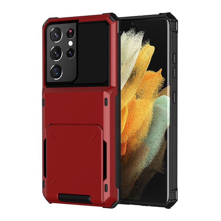 Flip Card Holder TPU+PC Hybrid Case for Samsung Galaxy S21 Ultra 5G - Red