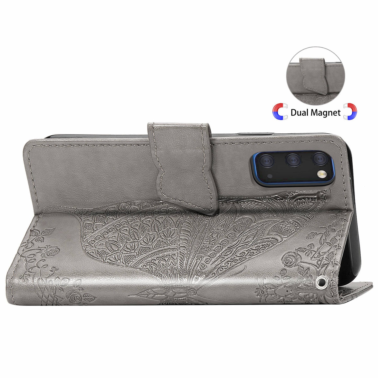 Imprint Big Butterfly Leather Wallet Phone Shell for Samsung Galaxy S20 4G/S20 5G - Grey