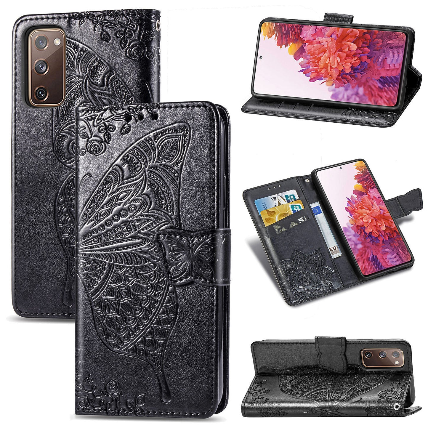 Imprint Big Butterfly Leather Wallet Phone Shell for Samsung Galaxy S20 FE 4G/FE 5G/S20 Lite/S20 FE 2022 - Black