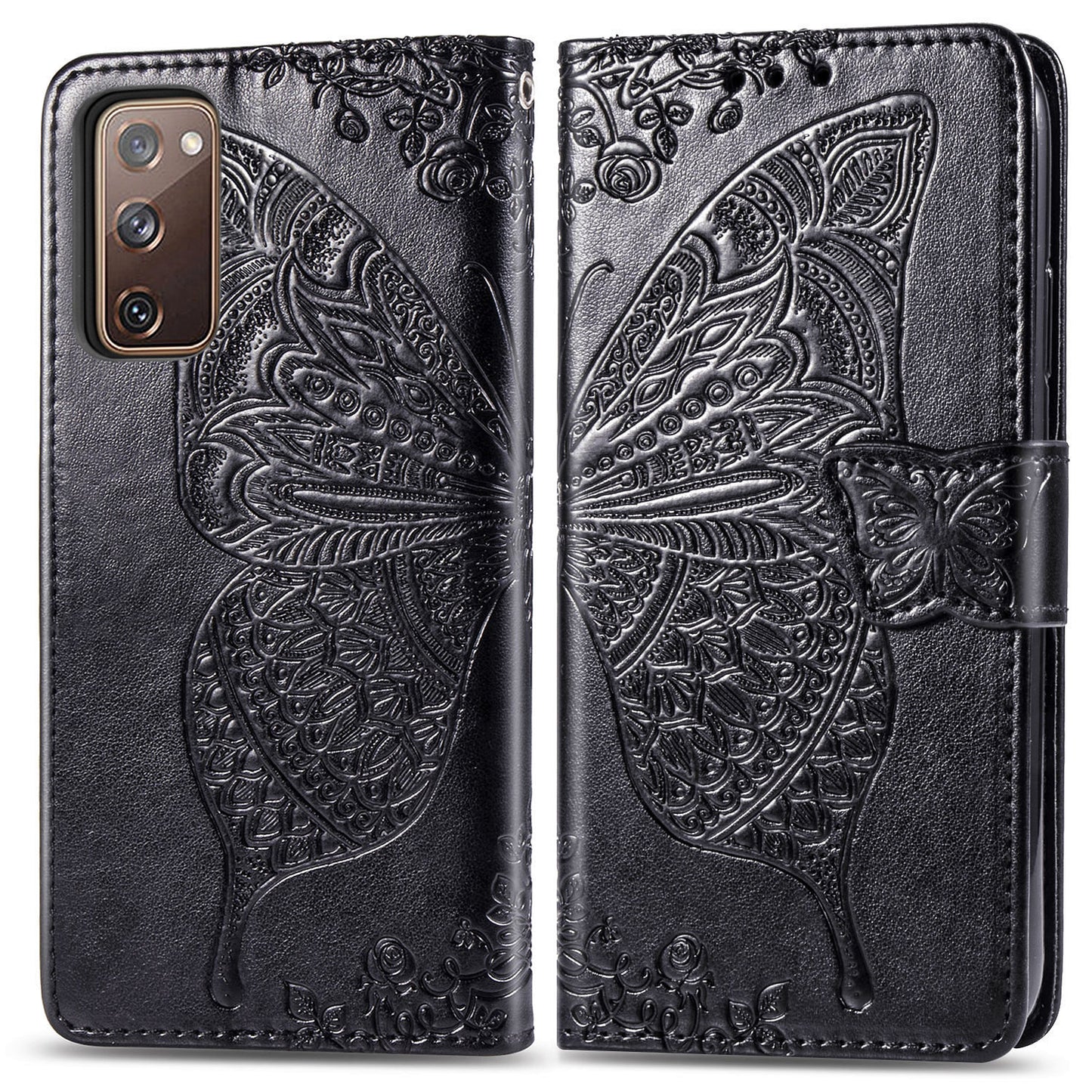 Imprint Big Butterfly Leather Wallet Phone Shell for Samsung Galaxy S20 FE 4G/FE 5G/S20 Lite/S20 FE 2022 - Black