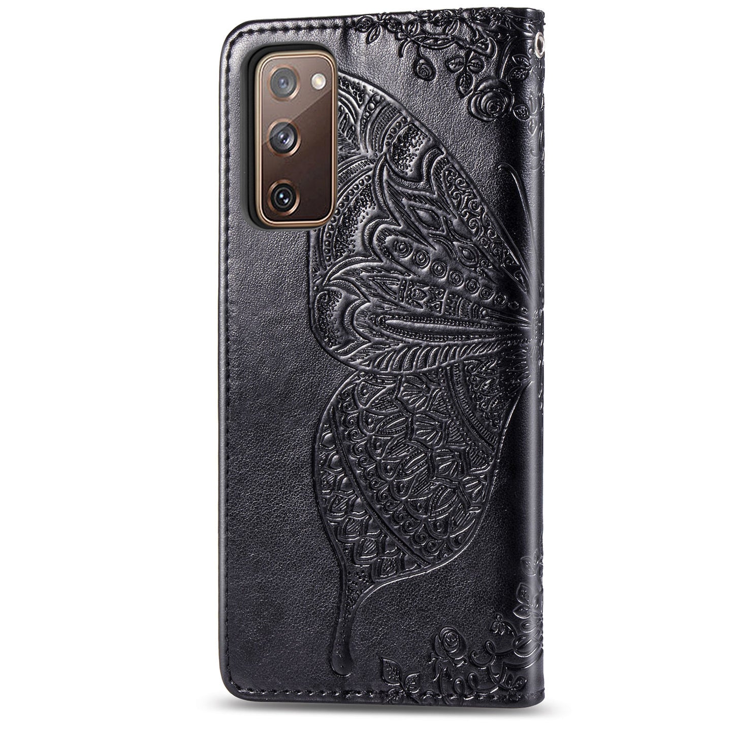 Imprint Big Butterfly Leather Wallet Phone Shell for Samsung Galaxy S20 FE 4G/FE 5G/S20 Lite/S20 FE 2022 - Black