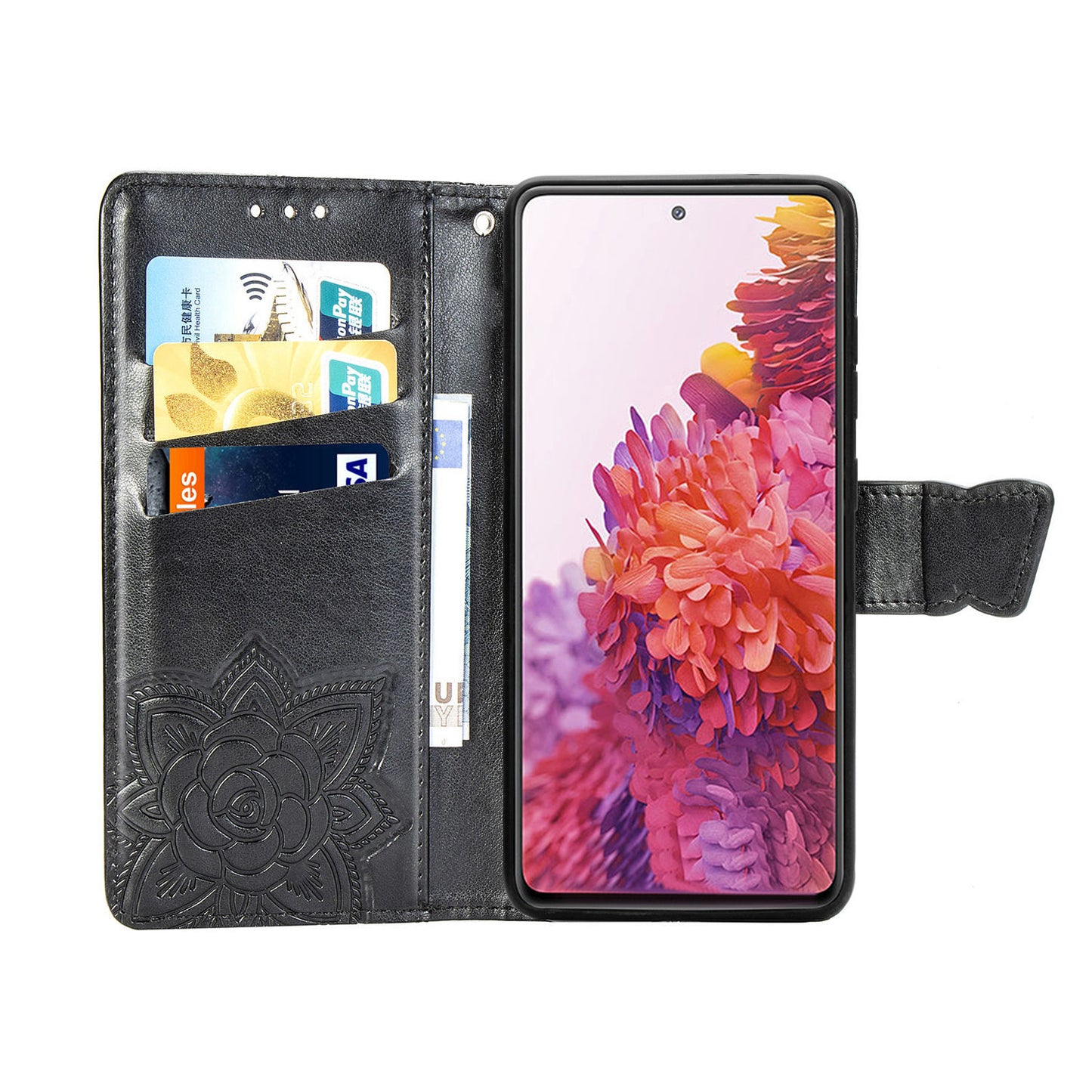 Imprint Big Butterfly Leather Wallet Phone Shell for Samsung Galaxy S20 FE 4G/FE 5G/S20 Lite/S20 FE 2022 - Black