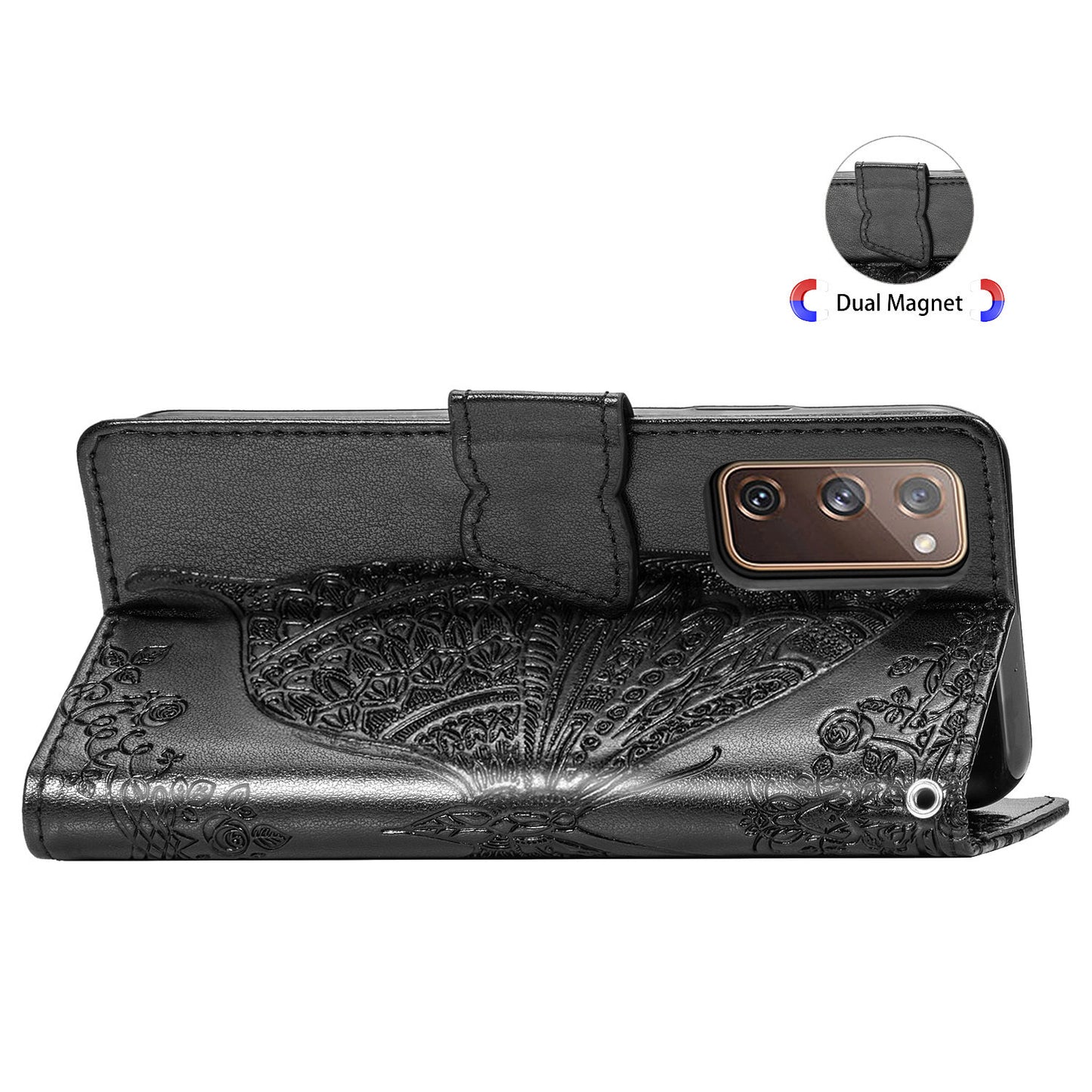Imprint Big Butterfly Leather Wallet Phone Shell for Samsung Galaxy S20 FE 4G/FE 5G/S20 Lite/S20 FE 2022 - Black