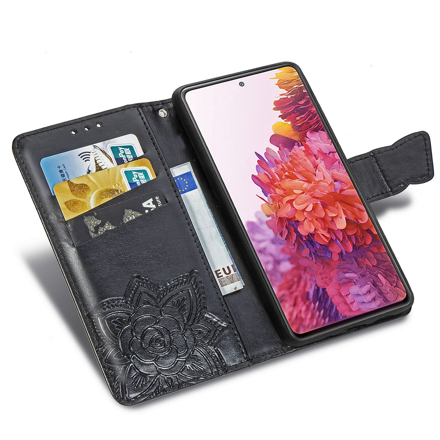 Imprint Big Butterfly Leather Wallet Phone Shell for Samsung Galaxy S20 FE 4G/FE 5G/S20 Lite/S20 FE 2022 - Black