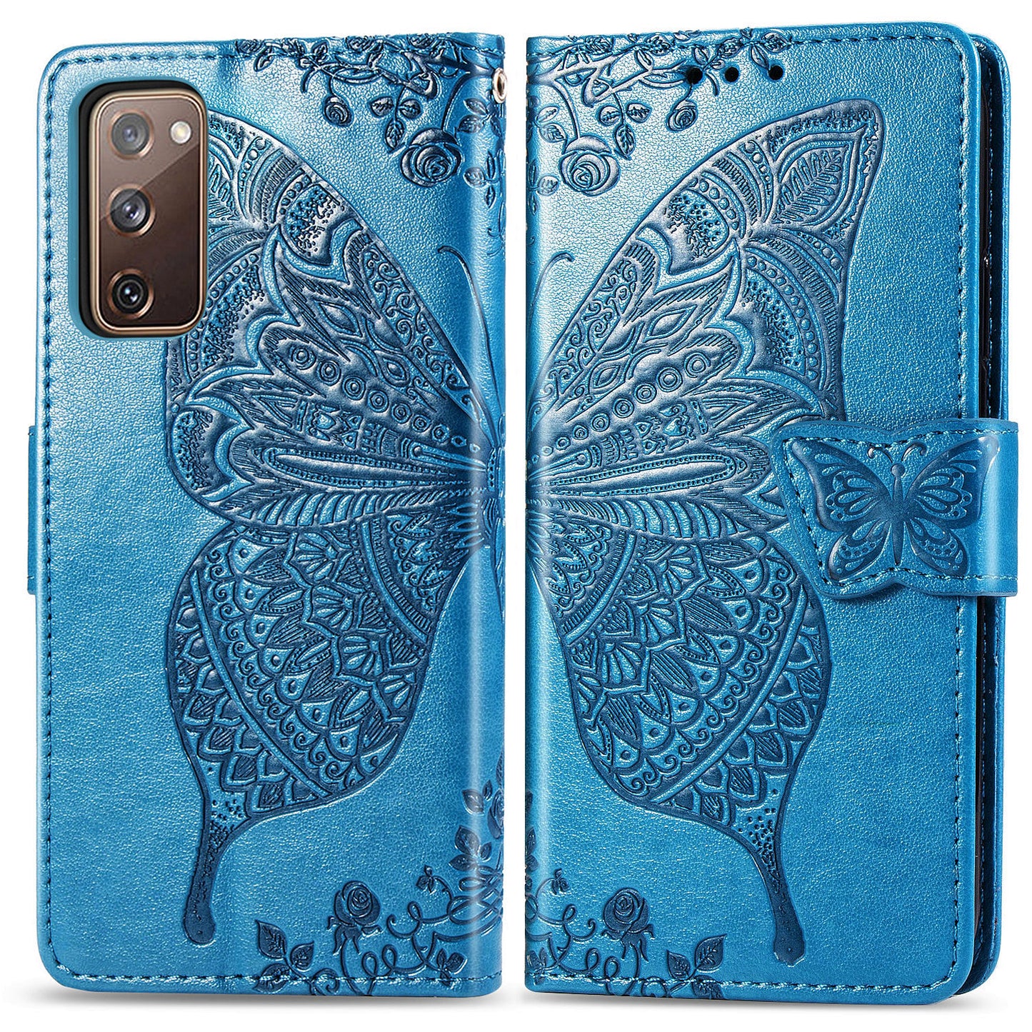Imprint Big Butterfly Leather Wallet Phone Shell for Samsung Galaxy S20 FE 4G/FE 5G/S20 Lite/S20 FE 2022 - Blue