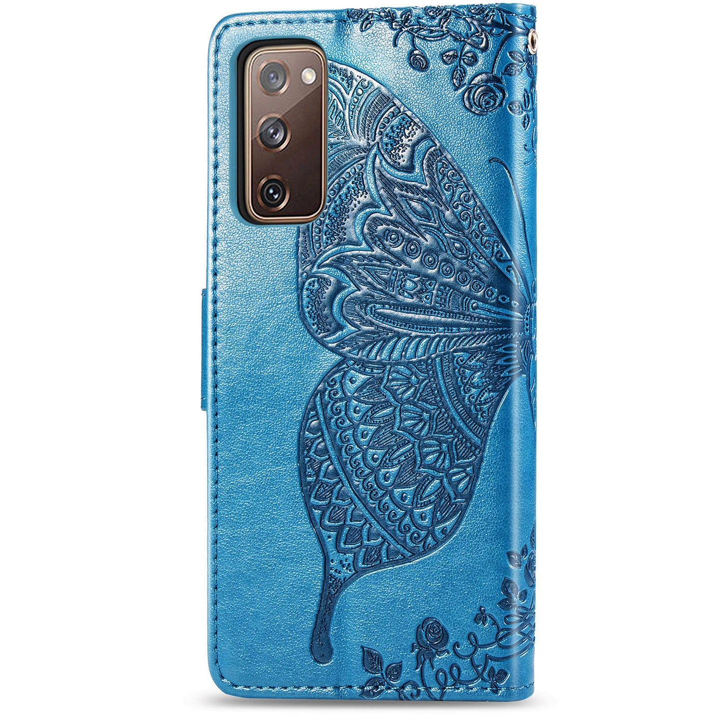 Imprint Big Butterfly Leather Wallet Phone Shell for Samsung Galaxy S20 FE 4G/FE 5G/S20 Lite/S20 FE 2022 - Blue