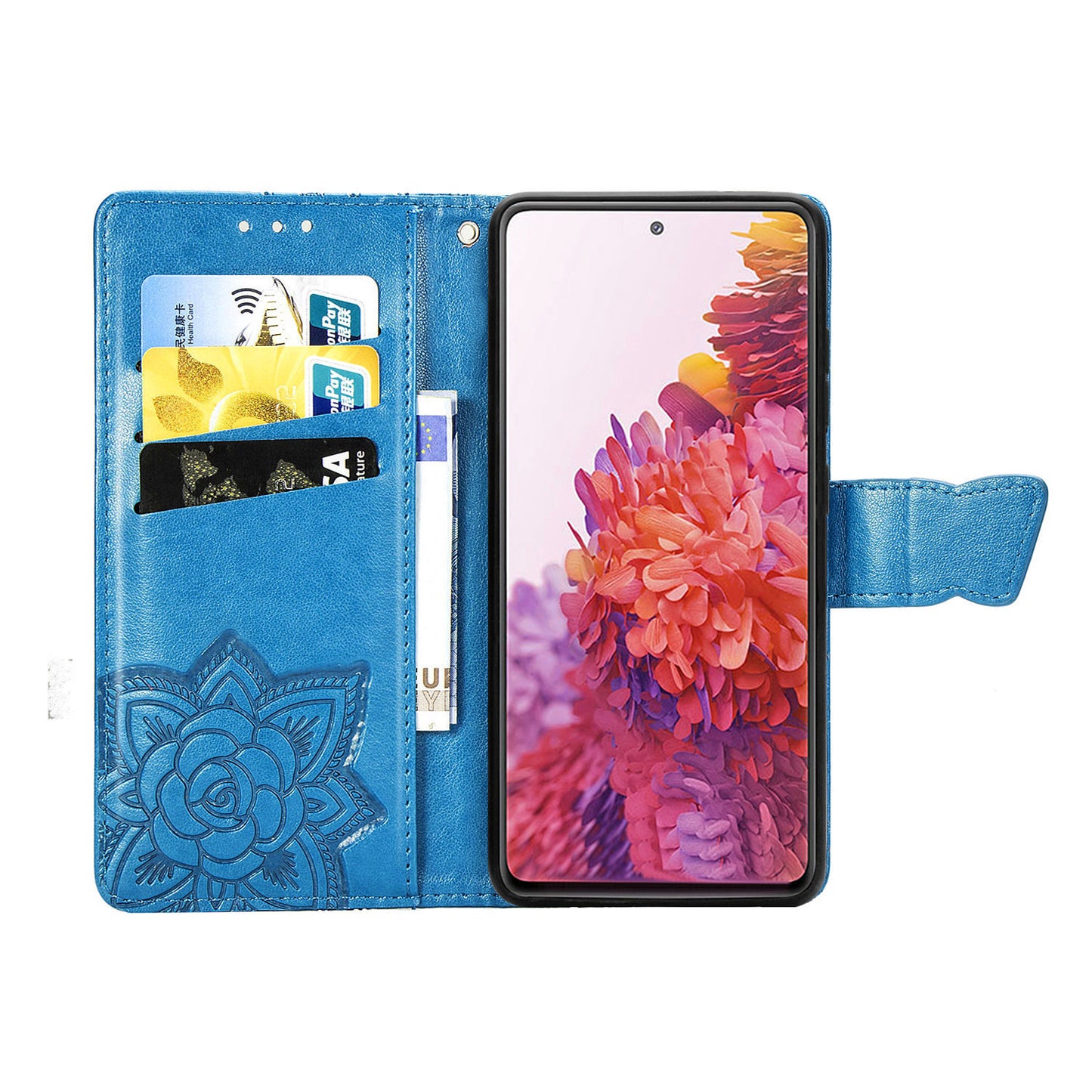 Imprint Big Butterfly Leather Wallet Phone Shell for Samsung Galaxy S20 FE 4G/FE 5G/S20 Lite/S20 FE 2022 - Blue