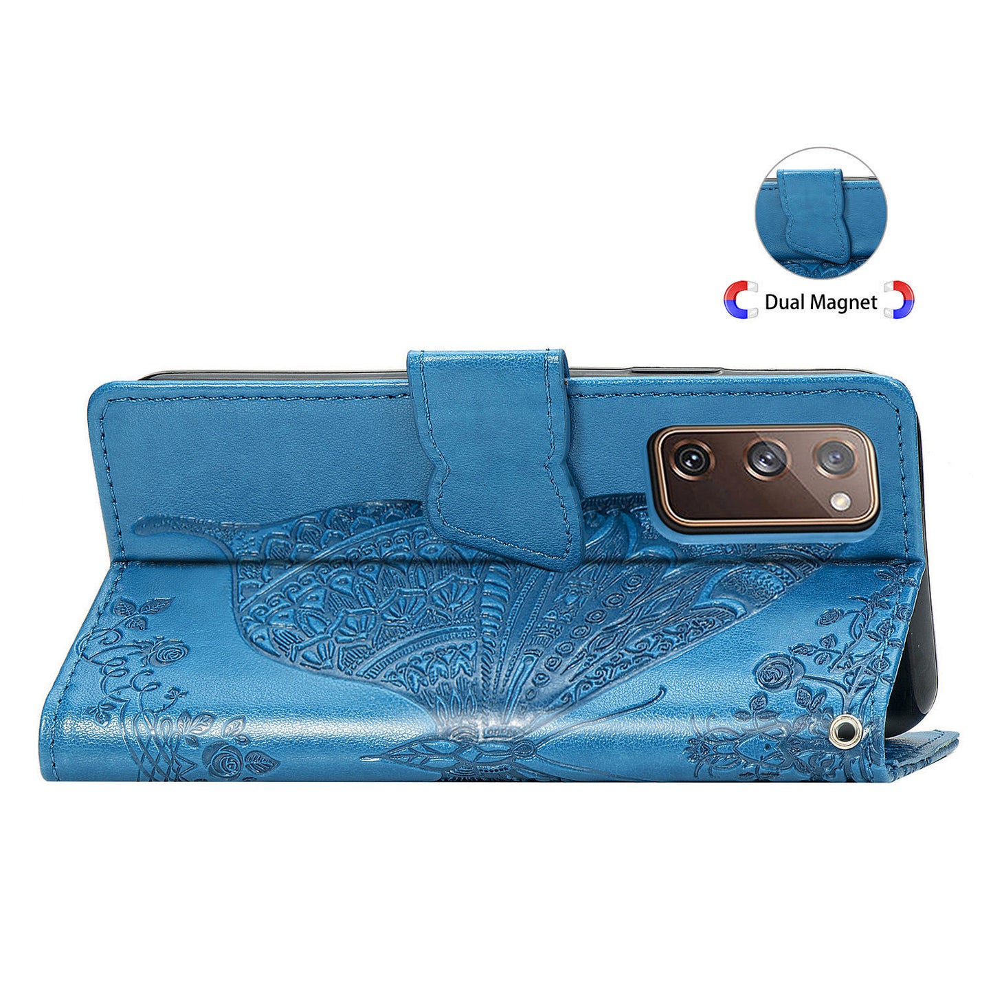 Imprint Big Butterfly Leather Wallet Phone Shell for Samsung Galaxy S20 FE 4G/FE 5G/S20 Lite/S20 FE 2022 - Blue