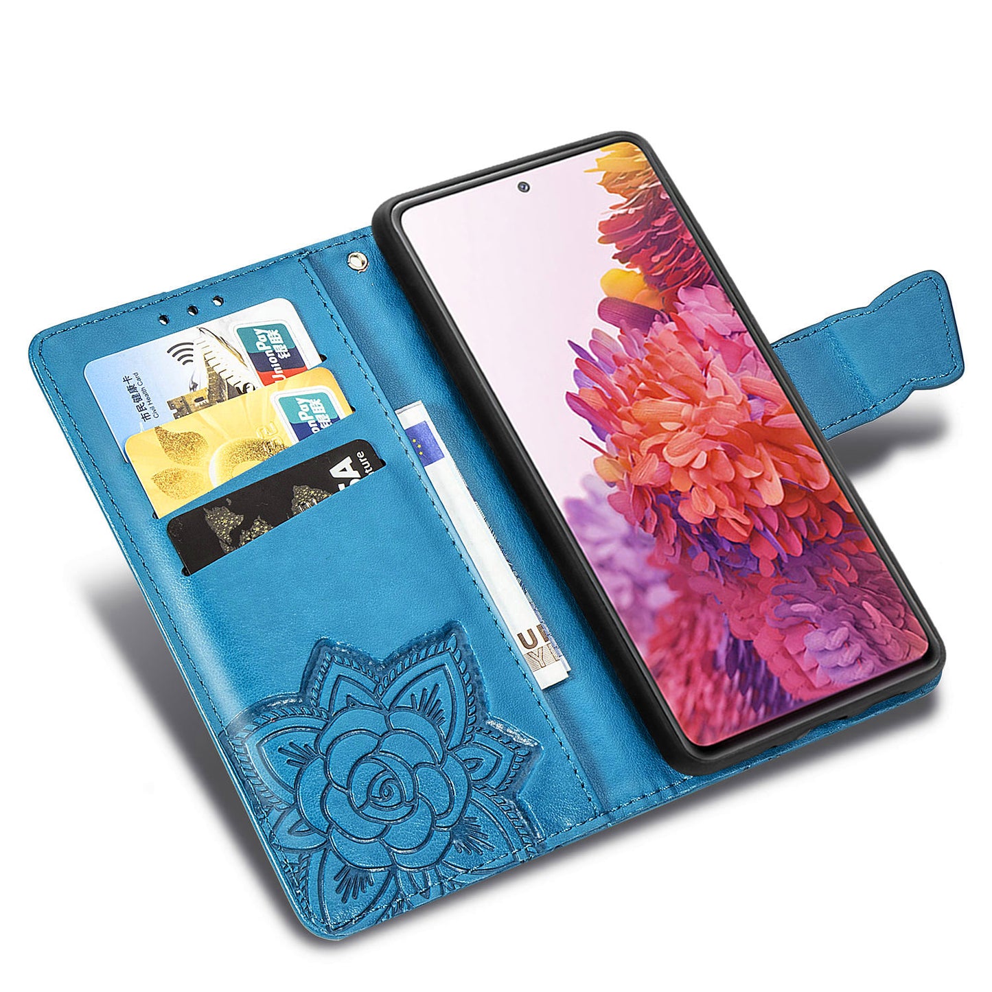 Imprint Big Butterfly Leather Wallet Phone Shell for Samsung Galaxy S20 FE 4G/FE 5G/S20 Lite/S20 FE 2022 - Blue