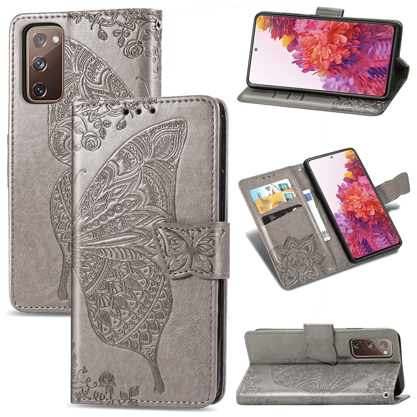 Imprint Big Butterfly Leather Wallet Phone Shell for Samsung Galaxy S20 FE 4G/FE 5G/S20 Lite/S20 FE 2022 - Grey