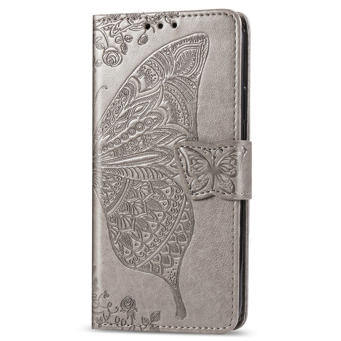 Imprint Big Butterfly Leather Wallet Phone Shell for Samsung Galaxy S20 FE 4G/FE 5G/S20 Lite/S20 FE 2022 - Grey