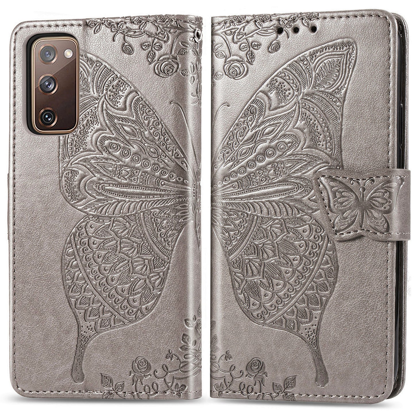 Imprint Big Butterfly Leather Wallet Phone Shell for Samsung Galaxy S20 FE 4G/FE 5G/S20 Lite/S20 FE 2022 - Grey