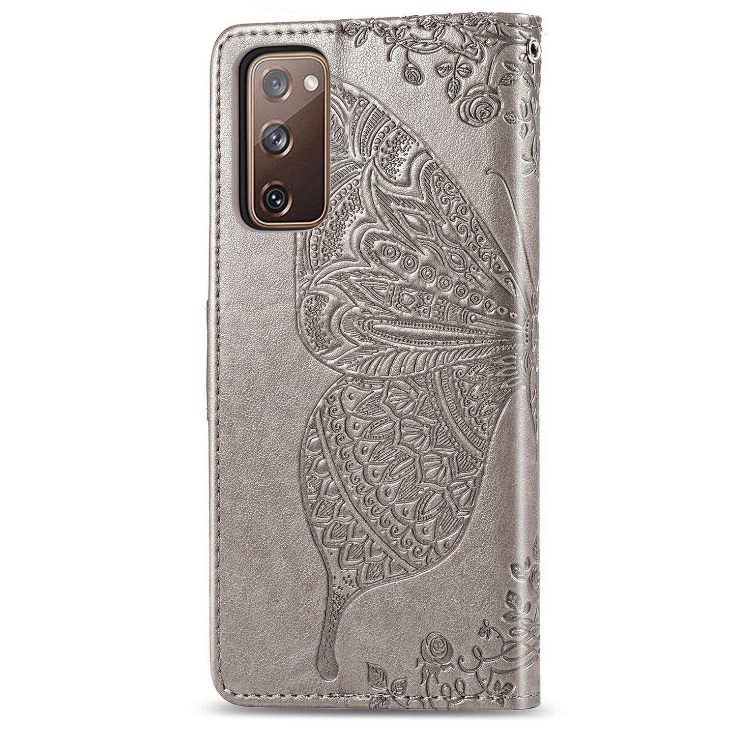Imprint Big Butterfly Leather Wallet Phone Shell for Samsung Galaxy S20 FE 4G/FE 5G/S20 Lite/S20 FE 2022 - Grey