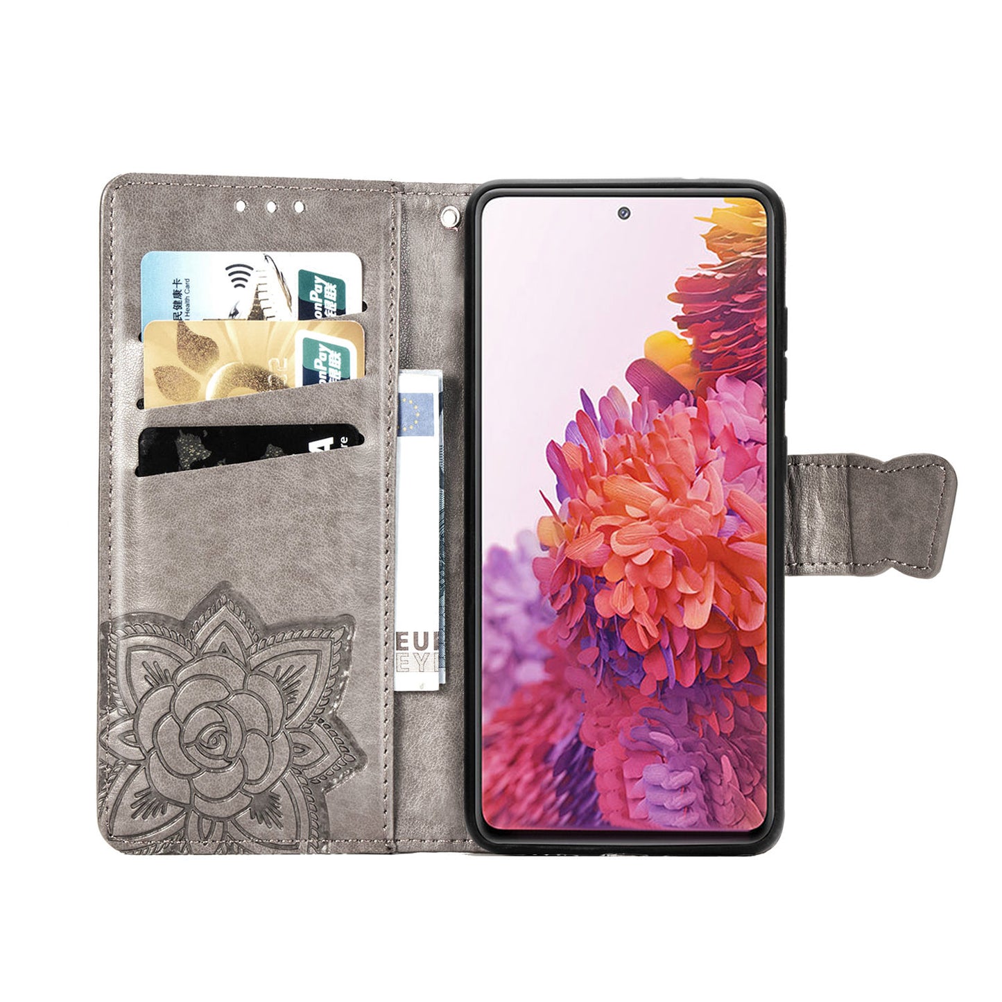 Imprint Big Butterfly Leather Wallet Phone Shell for Samsung Galaxy S20 FE 4G/FE 5G/S20 Lite/S20 FE 2022 - Grey