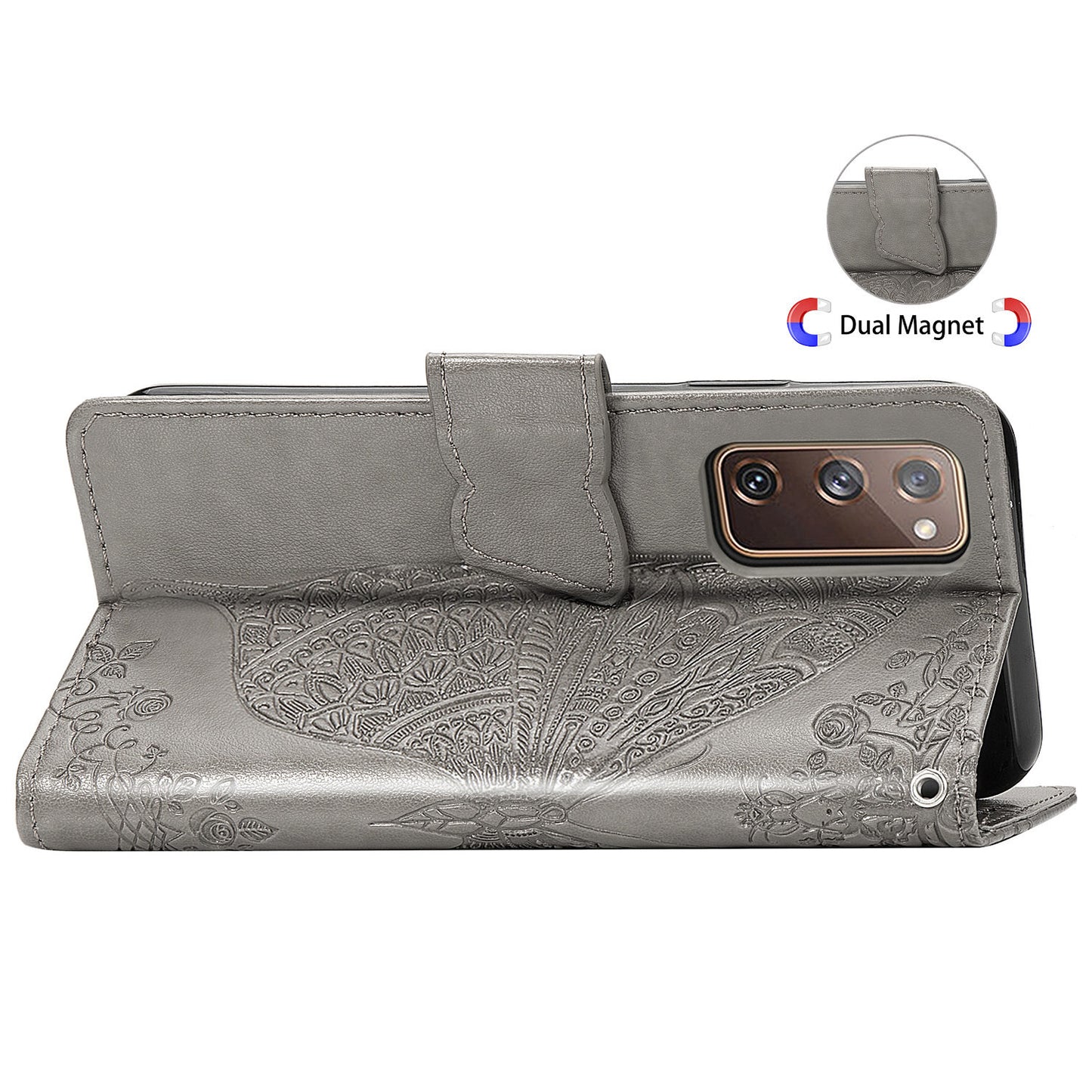 Imprint Big Butterfly Leather Wallet Phone Shell for Samsung Galaxy S20 FE 4G/FE 5G/S20 Lite/S20 FE 2022 - Grey