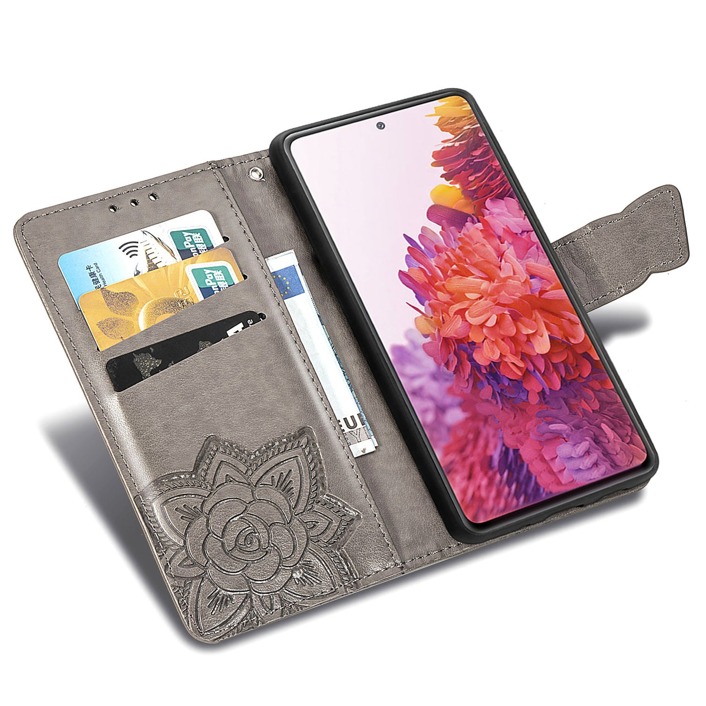 Imprint Big Butterfly Leather Wallet Phone Shell for Samsung Galaxy S20 FE 4G/FE 5G/S20 Lite/S20 FE 2022 - Grey