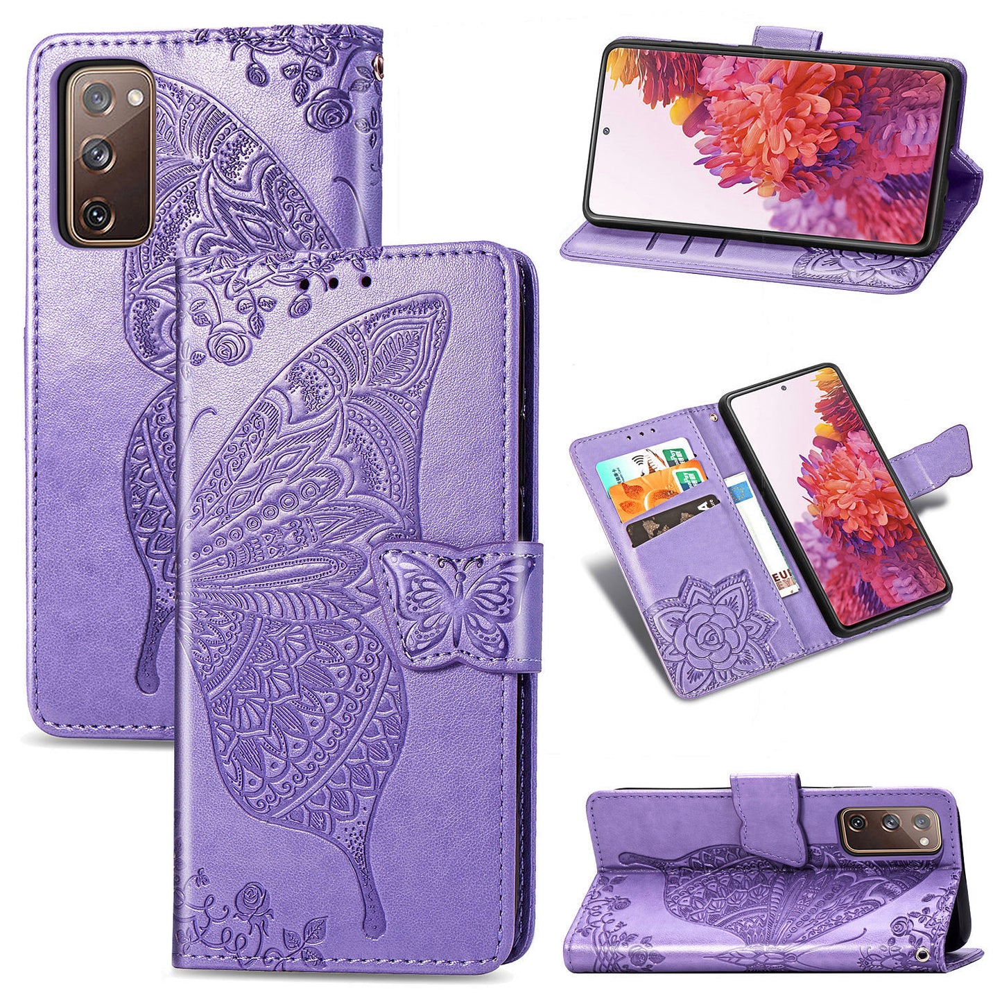 Imprint Big Butterfly Leather Wallet Phone Shell for Samsung Galaxy S20 FE 4G/FE 5G/S20 Lite/S20 FE 2022 - Light Purple