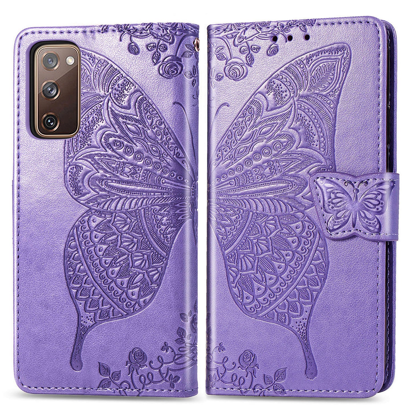 Imprint Big Butterfly Leather Wallet Phone Shell for Samsung Galaxy S20 FE 4G/FE 5G/S20 Lite/S20 FE 2022 - Light Purple