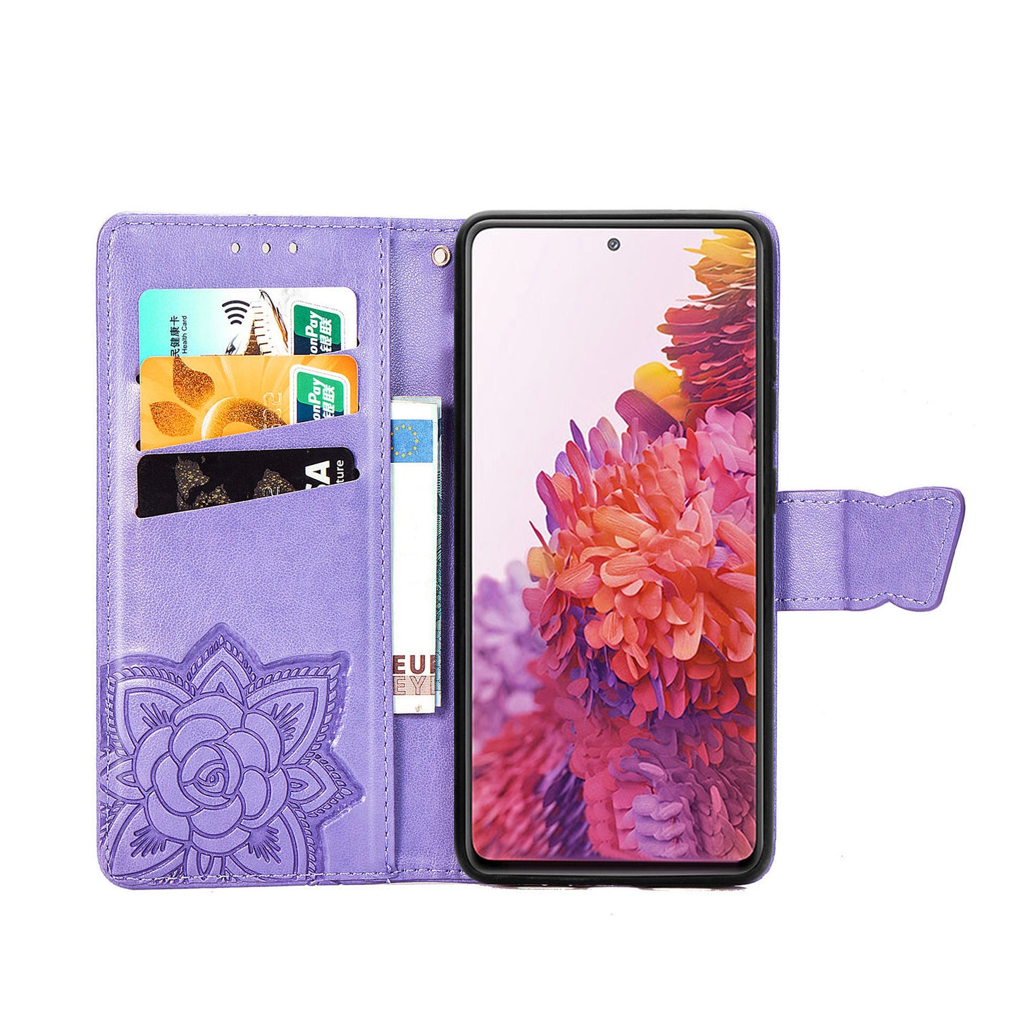 Imprint Big Butterfly Leather Wallet Phone Shell for Samsung Galaxy S20 FE 4G/FE 5G/S20 Lite/S20 FE 2022 - Light Purple