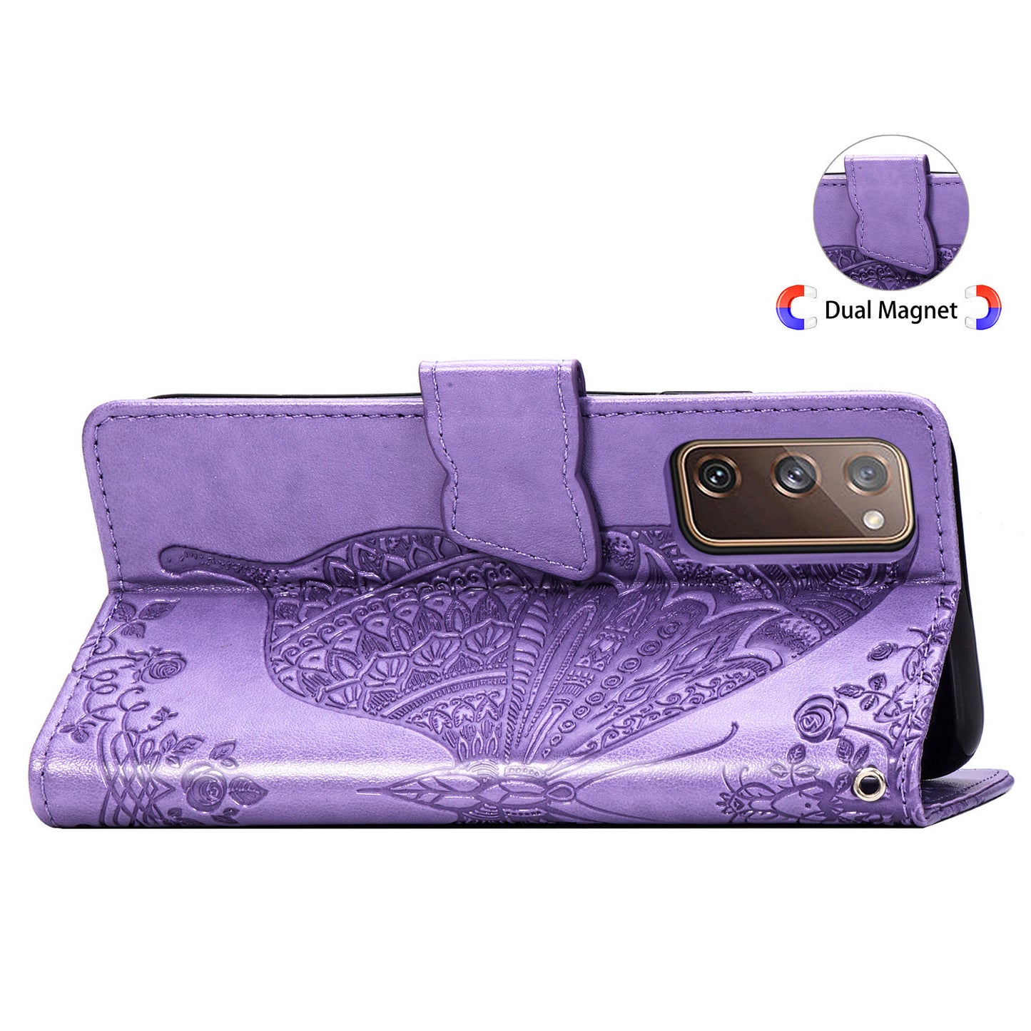 Imprint Big Butterfly Leather Wallet Phone Shell for Samsung Galaxy S20 FE 4G/FE 5G/S20 Lite/S20 FE 2022 - Light Purple