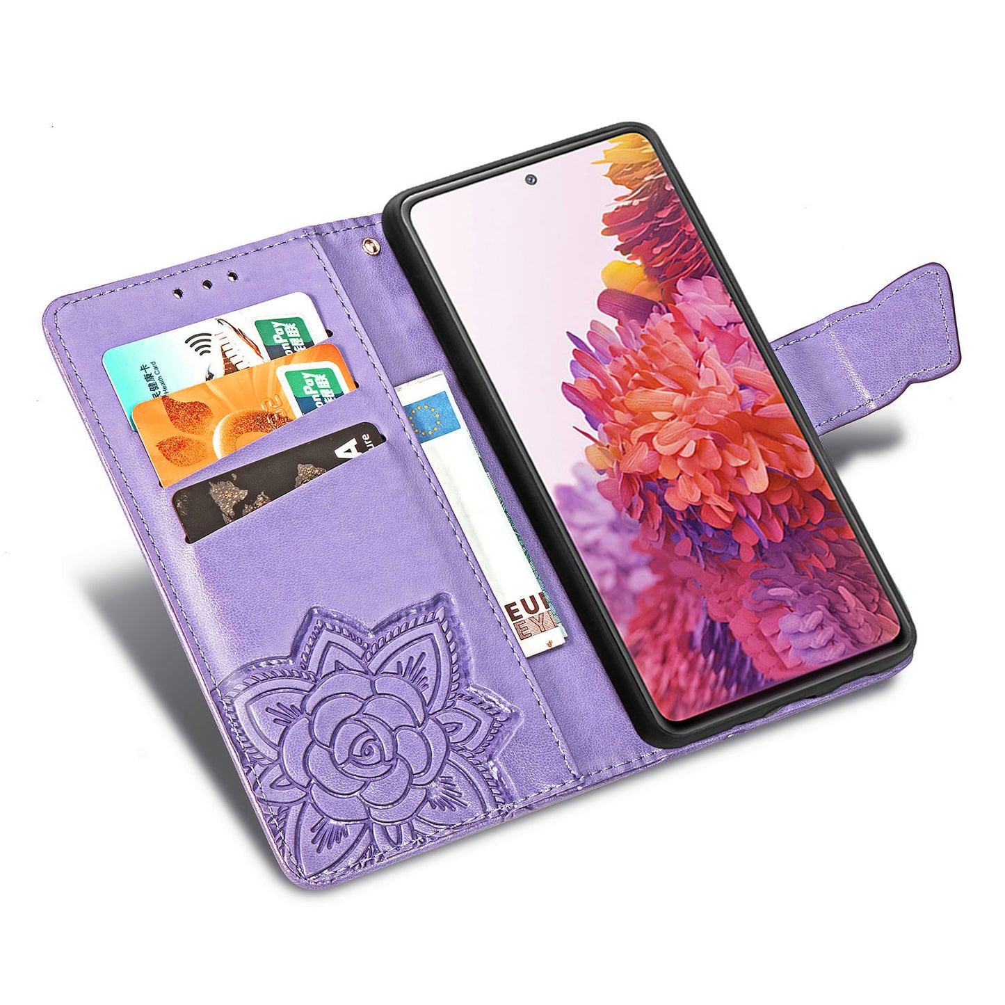 Imprint Big Butterfly Leather Wallet Phone Shell for Samsung Galaxy S20 FE 4G/FE 5G/S20 Lite/S20 FE 2022 - Light Purple