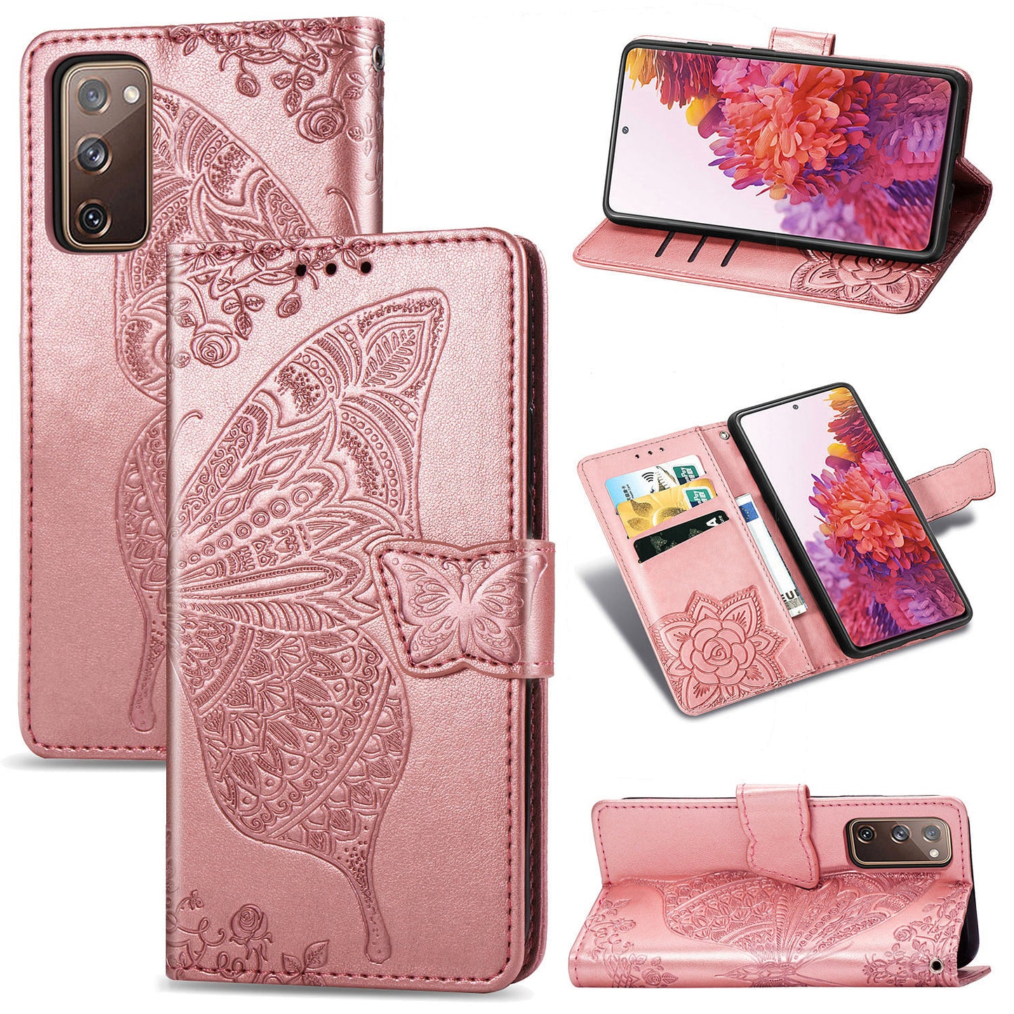 Imprint Big Butterfly Leather Wallet Phone Shell for Samsung Galaxy S20 FE 4G/FE 5G/S20 Lite/S20 FE 2022 - Rose Gold
