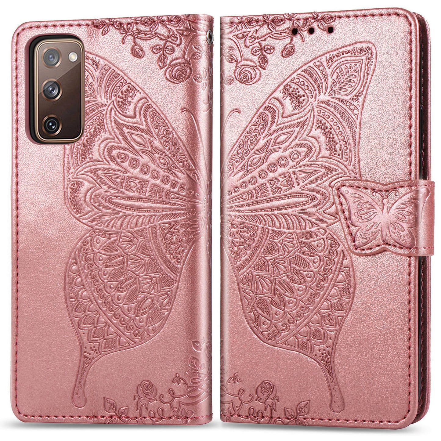 Imprint Big Butterfly Leather Wallet Phone Shell for Samsung Galaxy S20 FE 4G/FE 5G/S20 Lite/S20 FE 2022 - Rose Gold