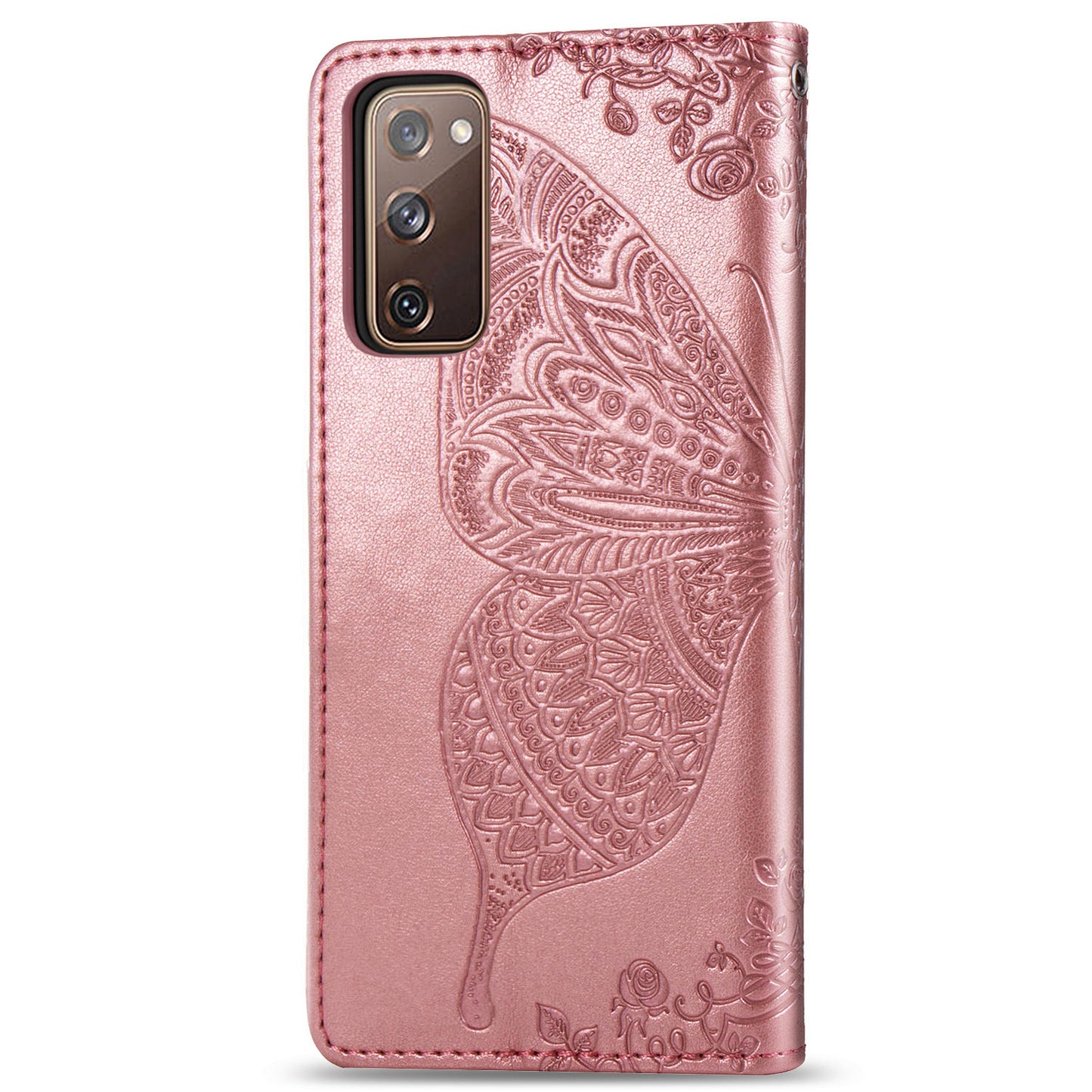Imprint Big Butterfly Leather Wallet Phone Shell for Samsung Galaxy S20 FE 4G/FE 5G/S20 Lite/S20 FE 2022 - Rose Gold