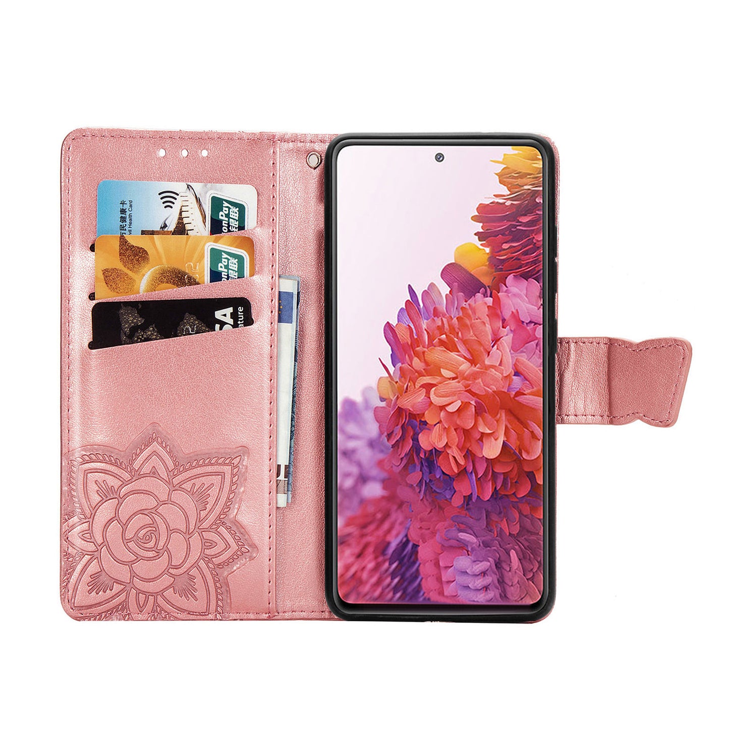 Imprint Big Butterfly Leather Wallet Phone Shell for Samsung Galaxy S20 FE 4G/FE 5G/S20 Lite/S20 FE 2022 - Rose Gold