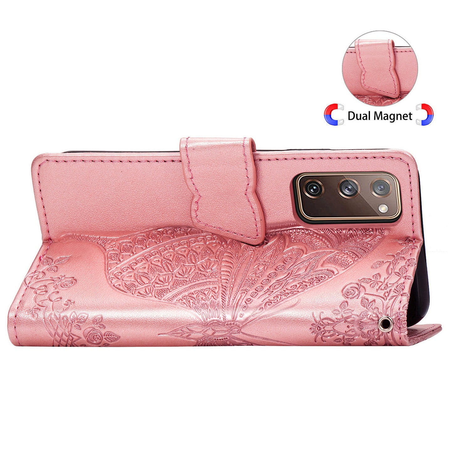 Imprint Big Butterfly Leather Wallet Phone Shell for Samsung Galaxy S20 FE 4G/FE 5G/S20 Lite/S20 FE 2022 - Rose Gold