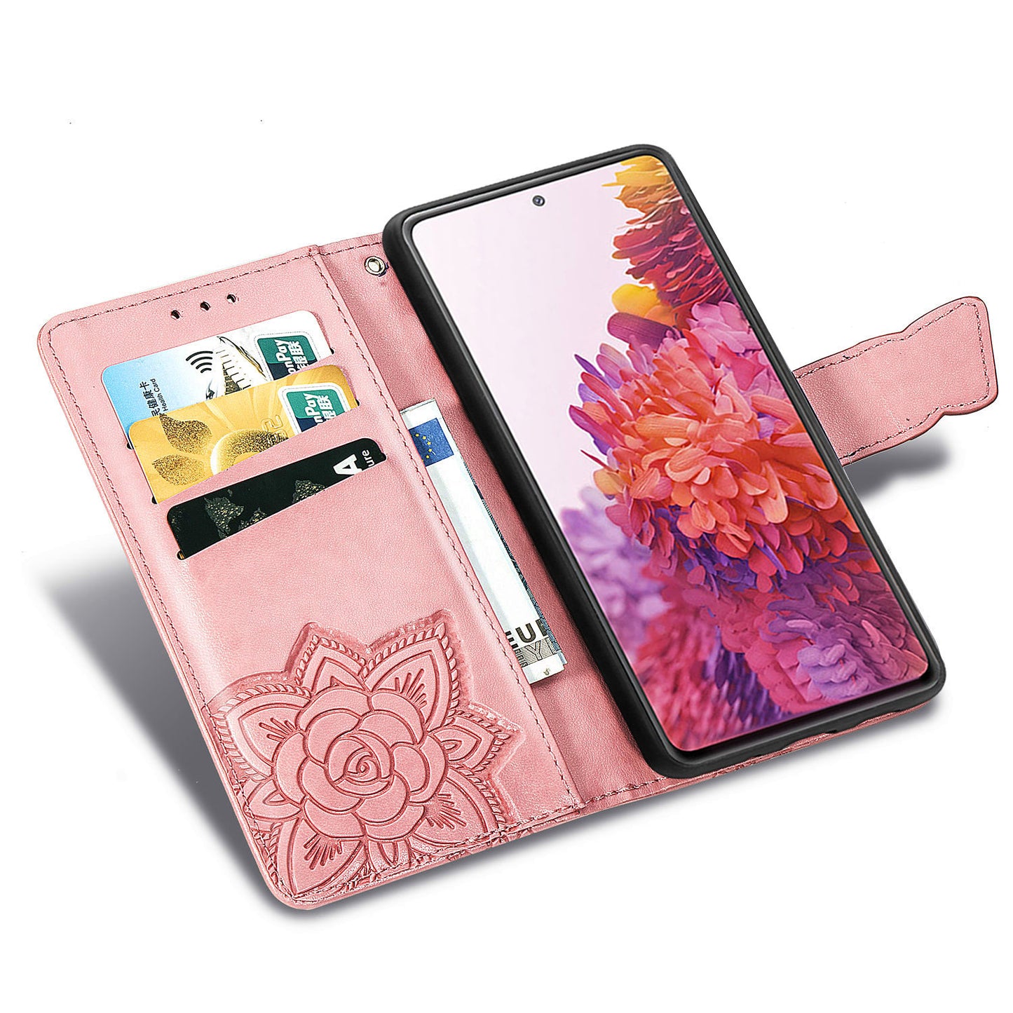 Imprint Big Butterfly Leather Wallet Phone Shell for Samsung Galaxy S20 FE 4G/FE 5G/S20 Lite/S20 FE 2022 - Rose Gold