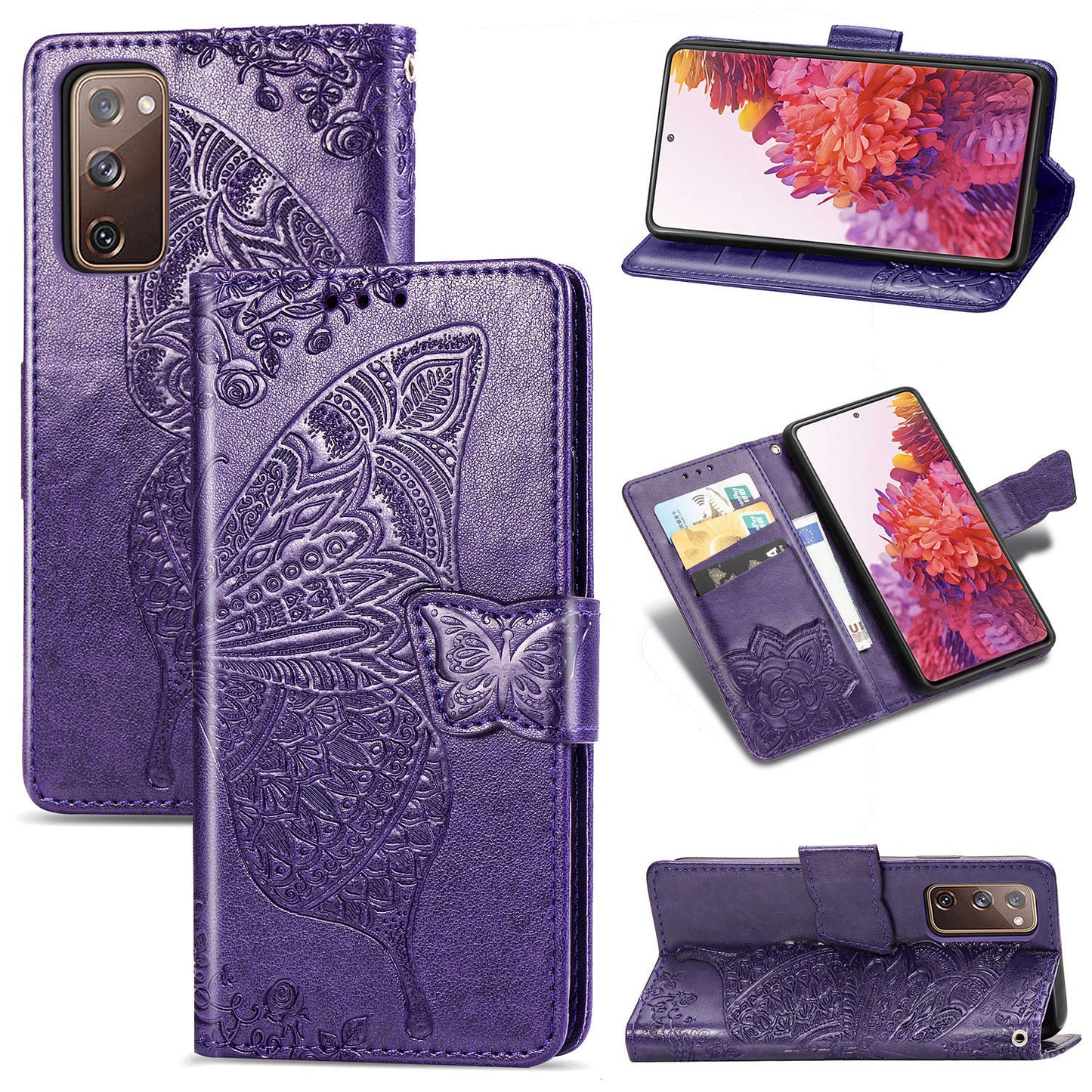 Imprint Big Butterfly Leather Wallet Phone Shell for Samsung Galaxy S20 FE 4G/FE 5G/S20 Lite/S20 FE 2022 - Dark Purple