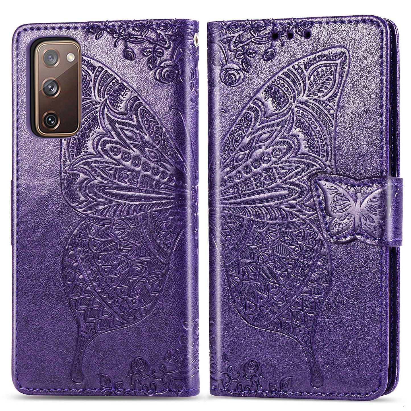 Imprint Big Butterfly Leather Wallet Phone Shell for Samsung Galaxy S20 FE 4G/FE 5G/S20 Lite/S20 FE 2022 - Dark Purple