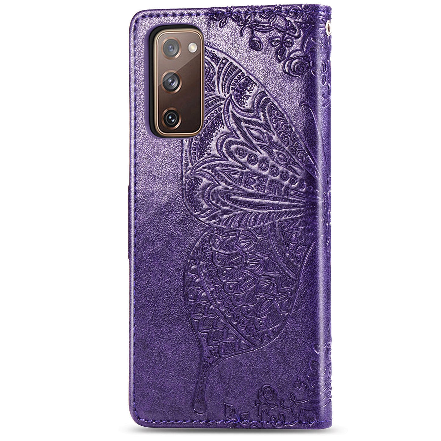 Imprint Big Butterfly Leather Wallet Phone Shell for Samsung Galaxy S20 FE 4G/FE 5G/S20 Lite/S20 FE 2022 - Dark Purple
