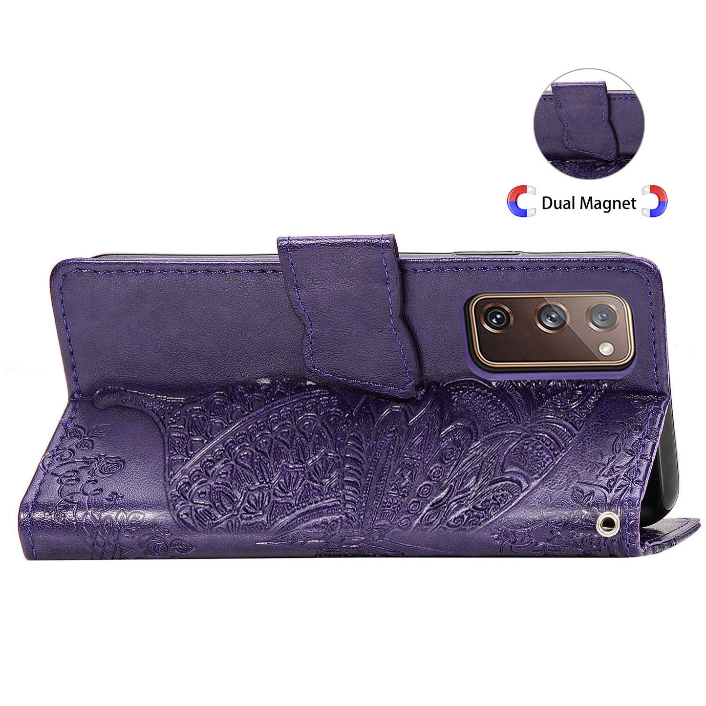 Imprint Big Butterfly Leather Wallet Phone Shell for Samsung Galaxy S20 FE 4G/FE 5G/S20 Lite/S20 FE 2022 - Dark Purple