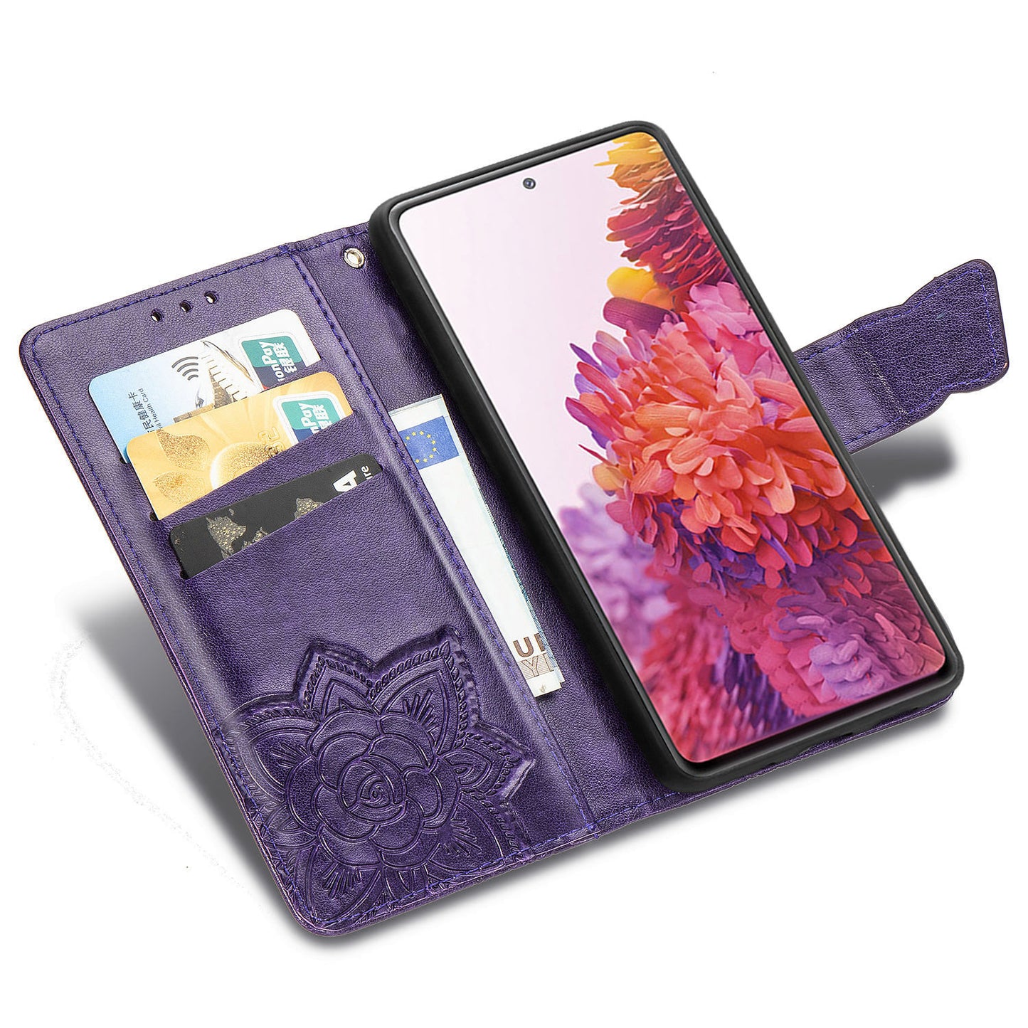 Imprint Big Butterfly Leather Wallet Phone Shell for Samsung Galaxy S20 FE 4G/FE 5G/S20 Lite/S20 FE 2022 - Dark Purple