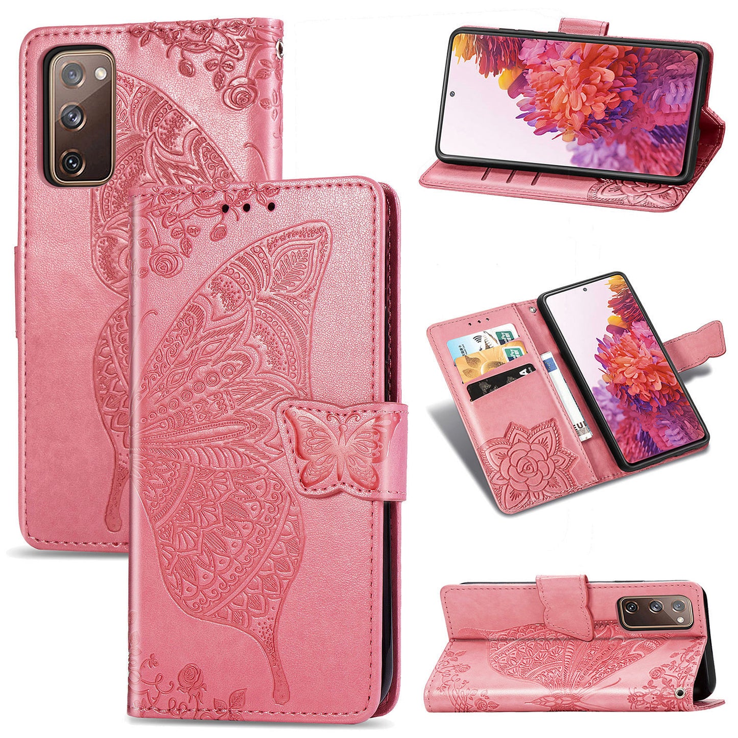 Imprint Big Butterfly Leather Wallet Phone Shell for Samsung Galaxy S20 FE 4G/FE 5G/S20 Lite/S20 FE 2022 - Pink