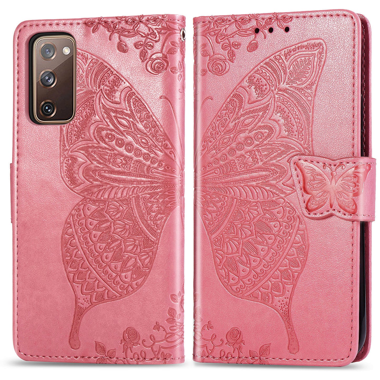 Imprint Big Butterfly Leather Wallet Phone Shell for Samsung Galaxy S20 FE 4G/FE 5G/S20 Lite/S20 FE 2022 - Pink