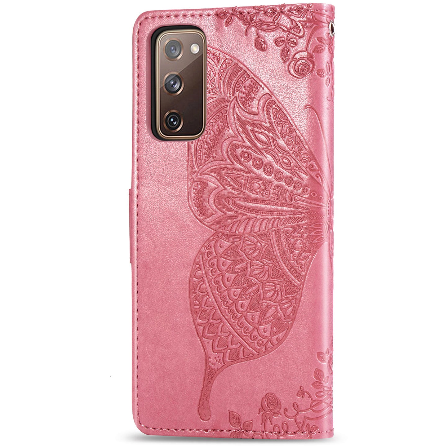 Imprint Big Butterfly Leather Wallet Phone Shell for Samsung Galaxy S20 FE 4G/FE 5G/S20 Lite/S20 FE 2022 - Pink