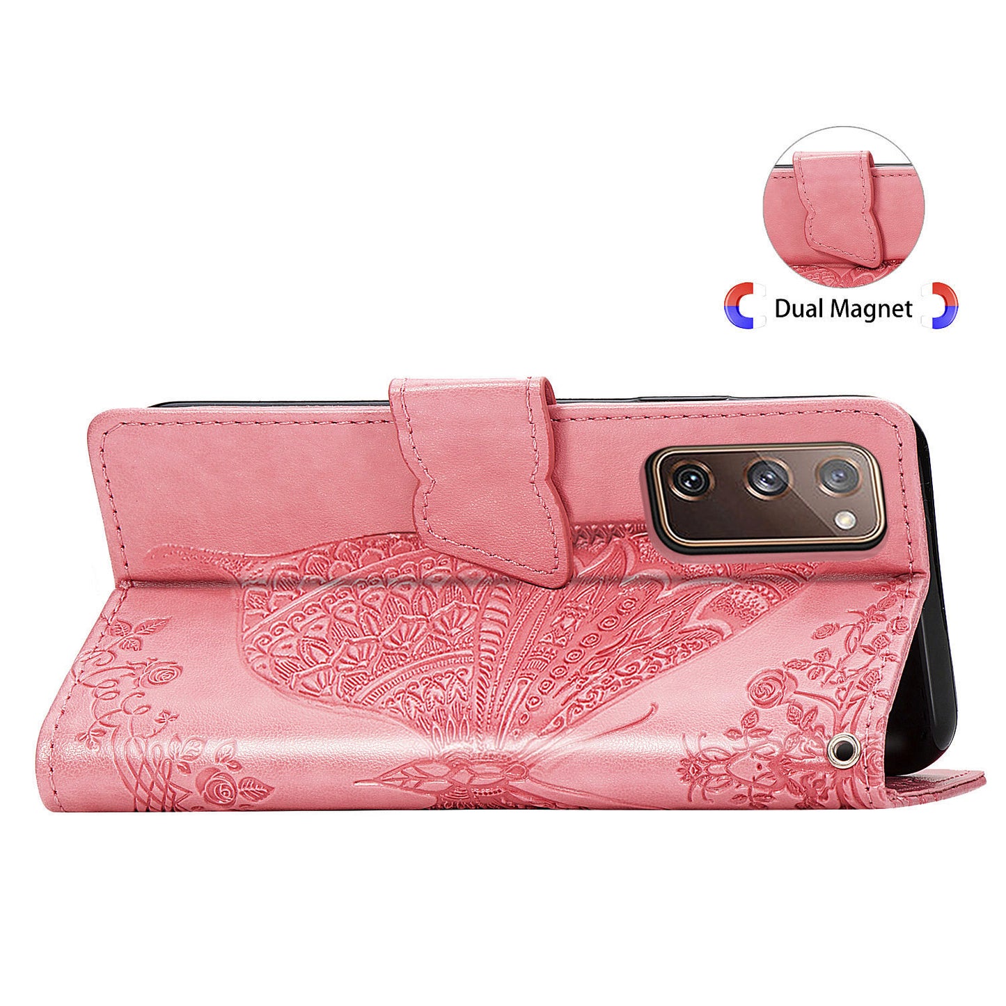 Imprint Big Butterfly Leather Wallet Phone Shell for Samsung Galaxy S20 FE 4G/FE 5G/S20 Lite/S20 FE 2022 - Pink
