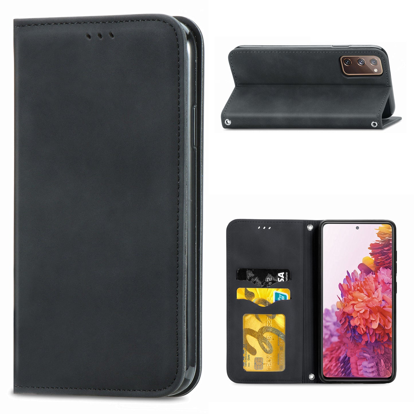 Auto-absorbed Vintage Style Leather Phone Case Cover for Samsung Galaxy S20 FE 4G/FE 5G/S20 Lite/S20 FE 2022 - Black