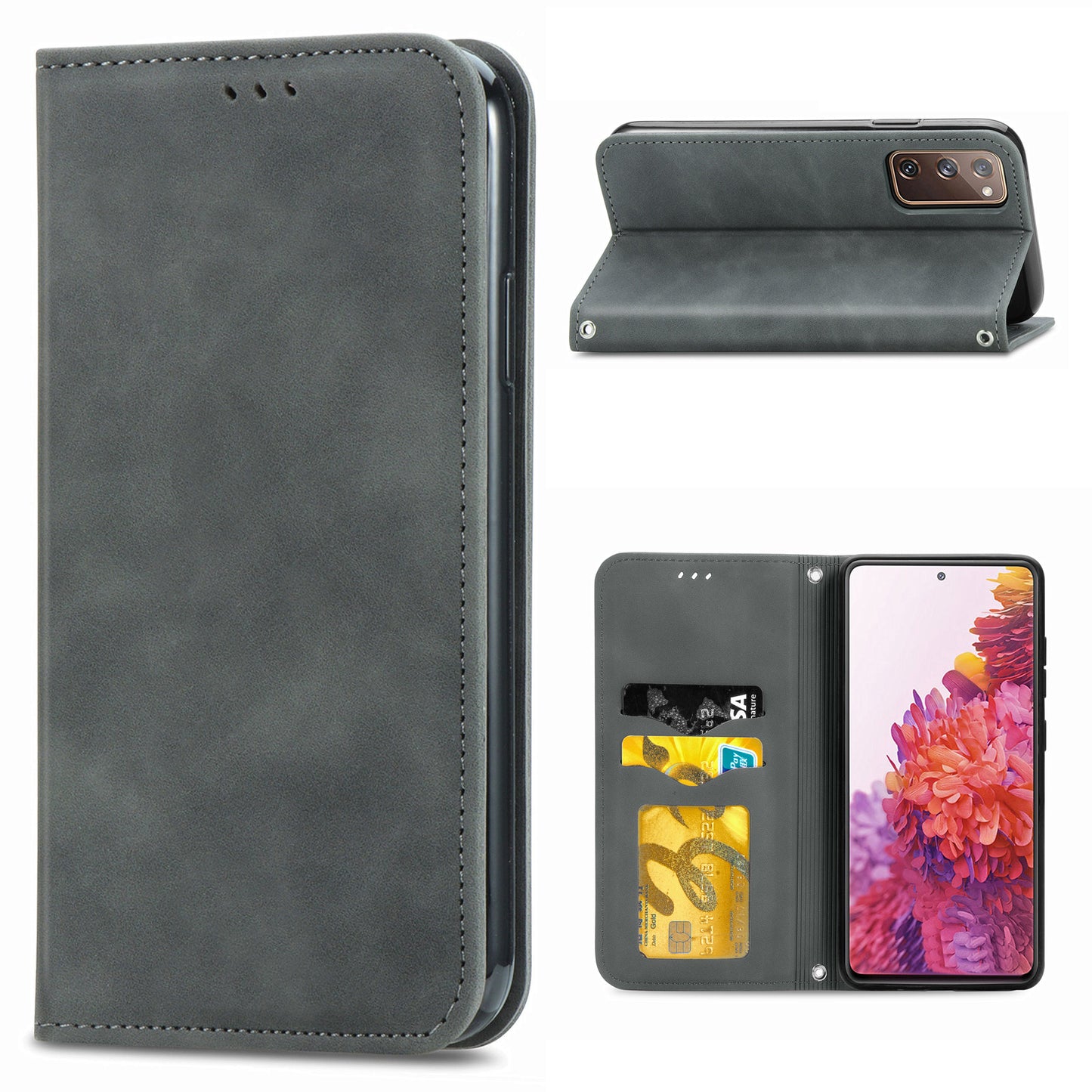 Auto-absorbed Vintage Style Leather Phone Case Cover for Samsung Galaxy S20 FE 4G/FE 5G/S20 Lite/S20 FE 2022 - Grey