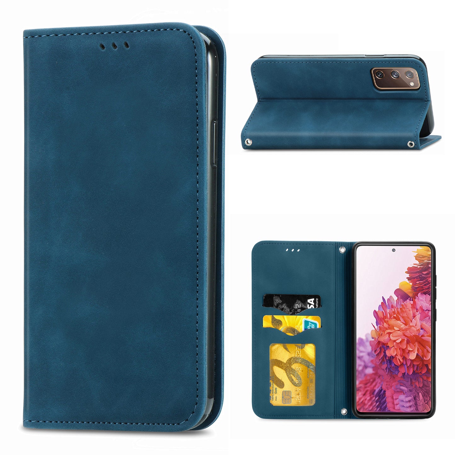 Auto-absorbed Vintage Style Leather Phone Case Cover for Samsung Galaxy S20 FE 4G/FE 5G/S20 Lite/S20 FE 2022 - Blue