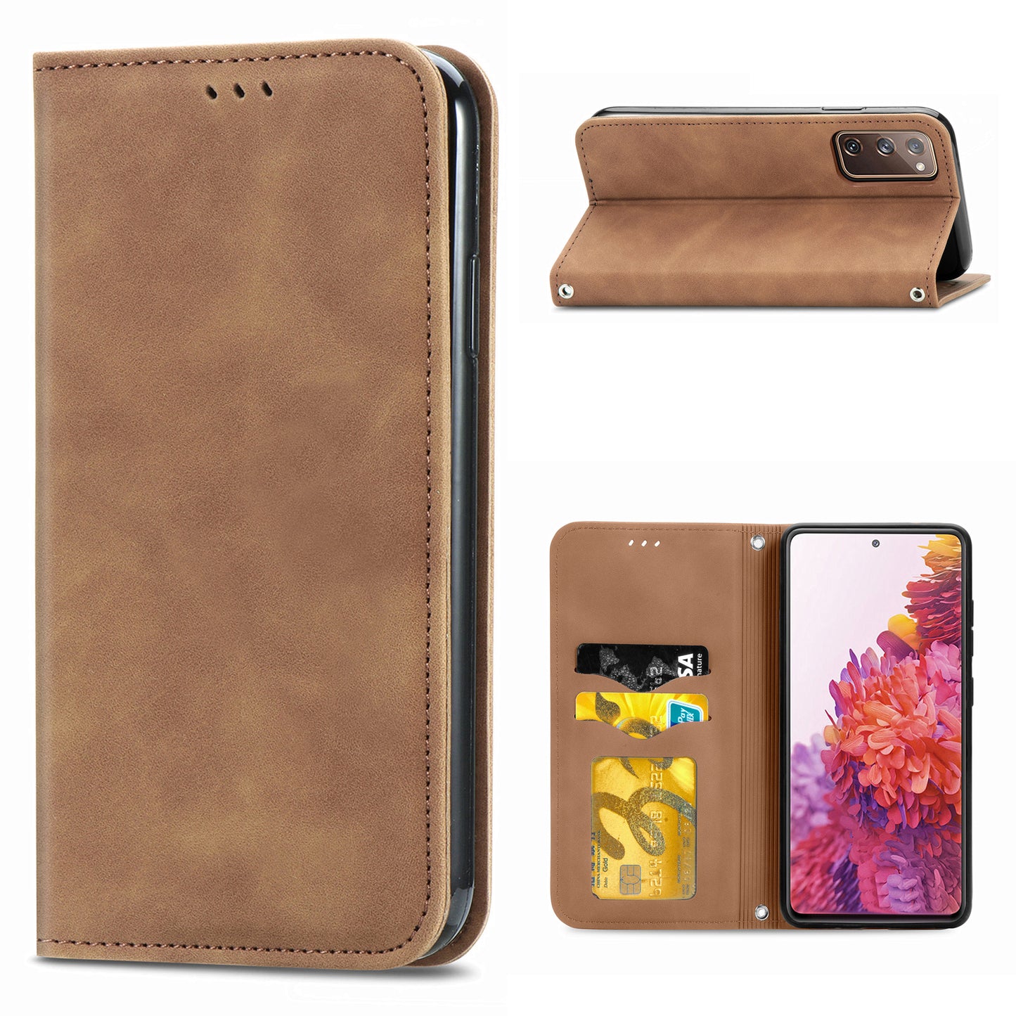 Auto-absorbed Vintage Style Leather Phone Case Cover for Samsung Galaxy S20 FE 4G/FE 5G/S20 Lite/S20 FE 2022 - Brown