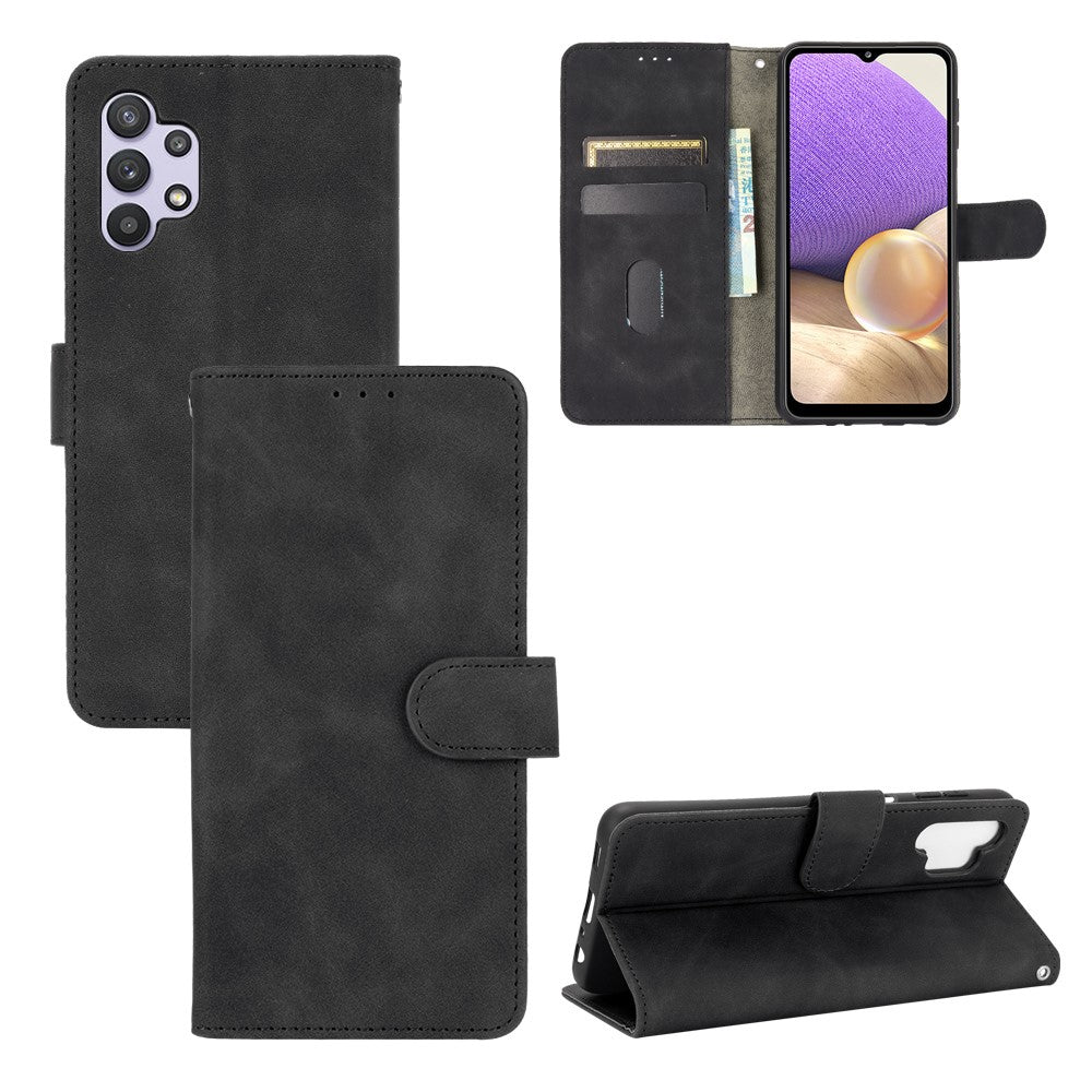 Skin-touch Protective Leather Flip Shell for Samsung Galaxy A32 5G/M32 5G Wallet Stand Cover - Black