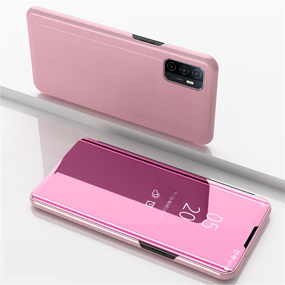 View Window Electroplated Mirror Surface Leather Shell Case with Stand for Samsung Galaxy A32 5G/M32 5G - Pink
