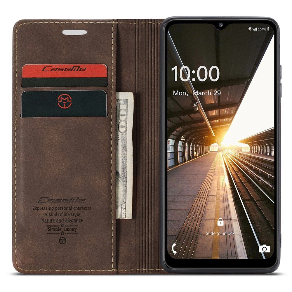 CASEME 013 Series Simple Design Automatic Suction Leather Wallet Case for Samsung Galaxy A32 5G/M32 5G - Coffee