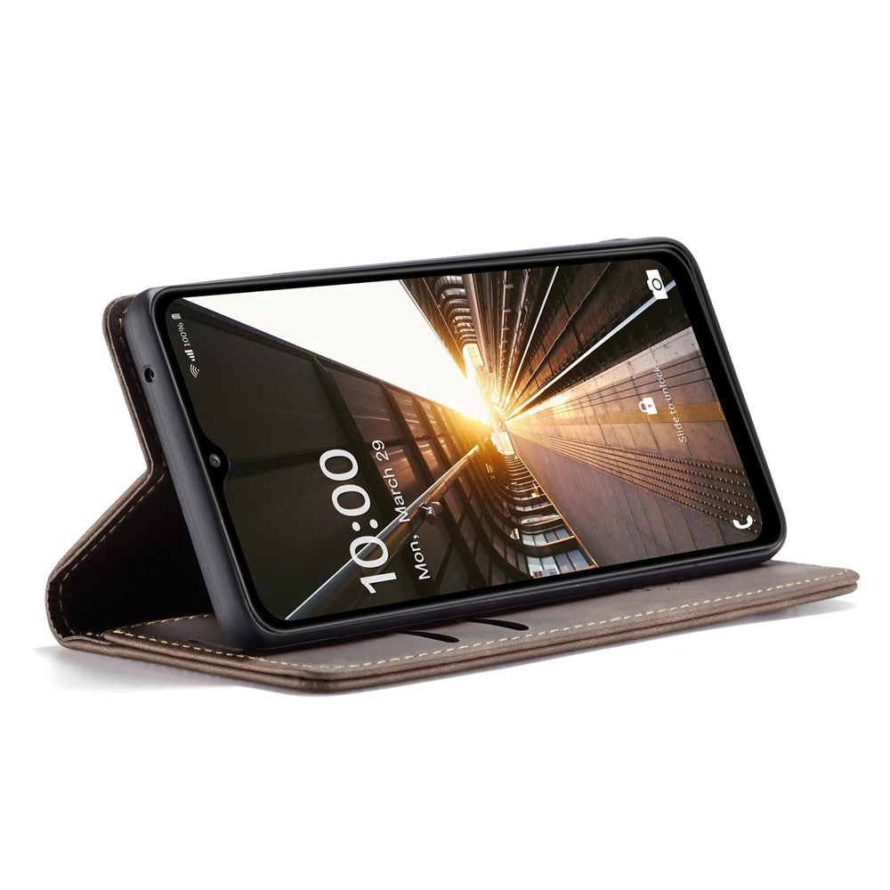 CASEME 013 Series Simple Design Automatic Suction Leather Wallet Case for Samsung Galaxy A32 5G/M32 5G - Coffee